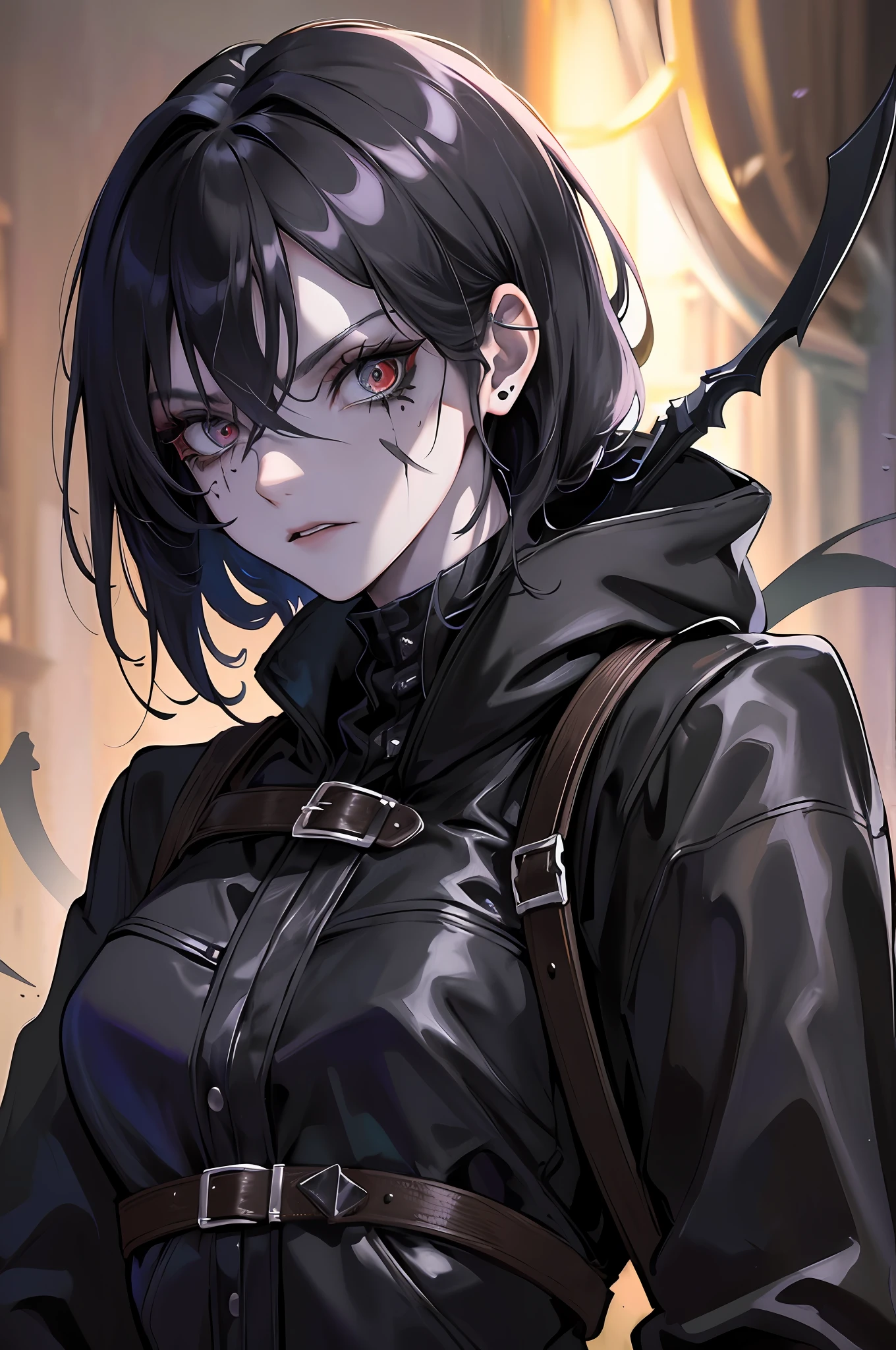 Undead Rogue, Thief, Masterpiece, Best Quality, Ultra Detailed, Illustration, (Ultra Detailed Face), (Best Face), Night, Timid Expression, 20 Years Old, Adult, 1girl, Crime Master, Short Black Hair, Night Suit, Mask, Dagger, Backpack, Agility, Slender, Bloodless Skin, Undead, Intricate Details Outfit