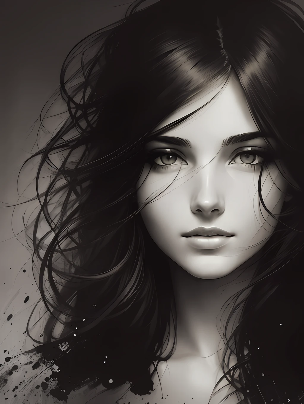 A black and white portrait of a beautiful young woman, with long windy hair, in the style of Mark Demsteader
