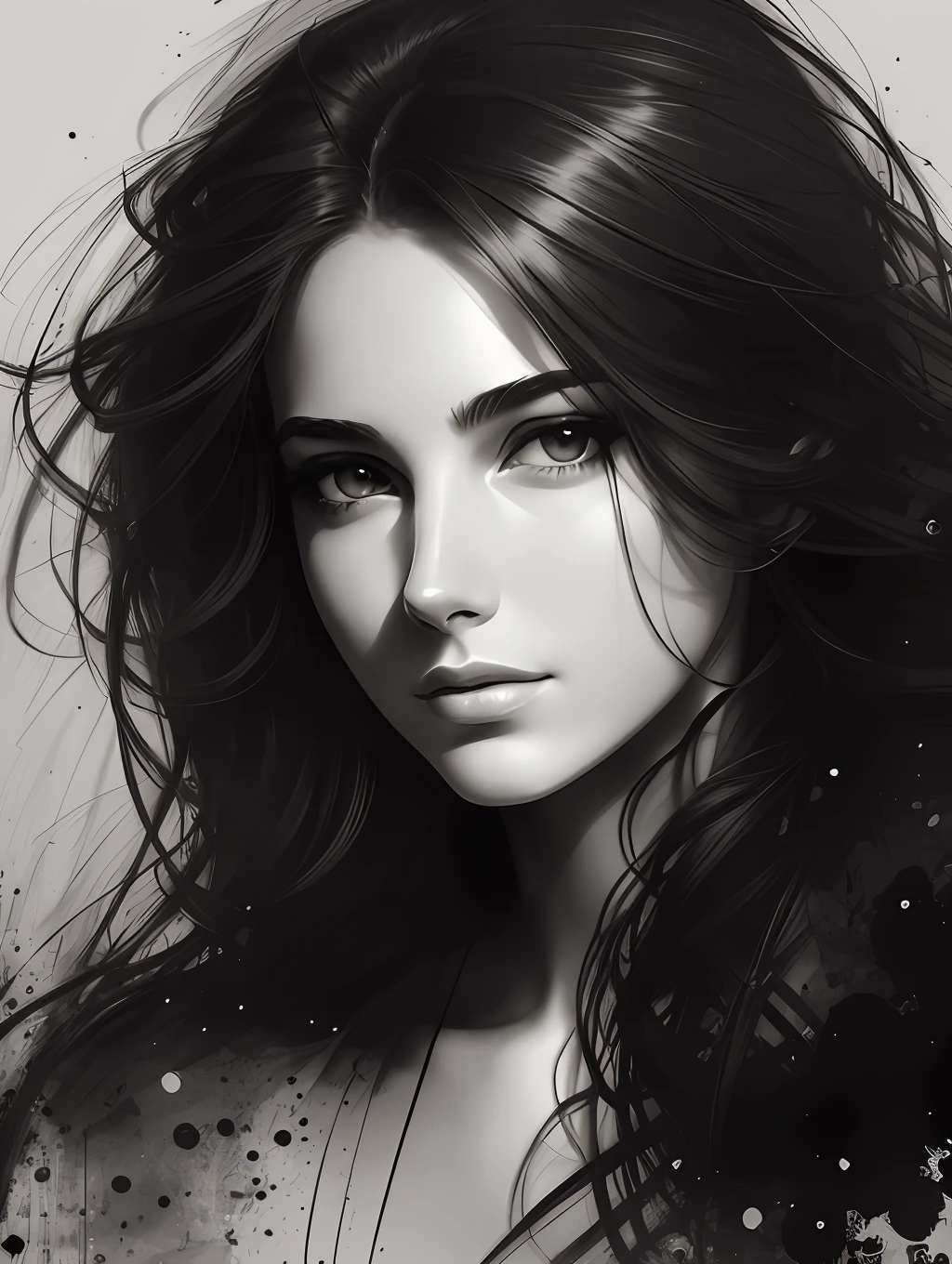 A black and white portrait of a beautiful young woman, with long windy hair, in the style of Mark Demsteader