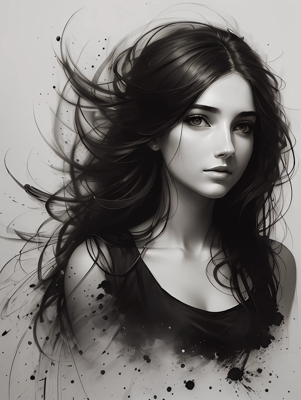 A black and white portrait of a beautiful young woman, with long windy hair, in the style of Mark Demsteader