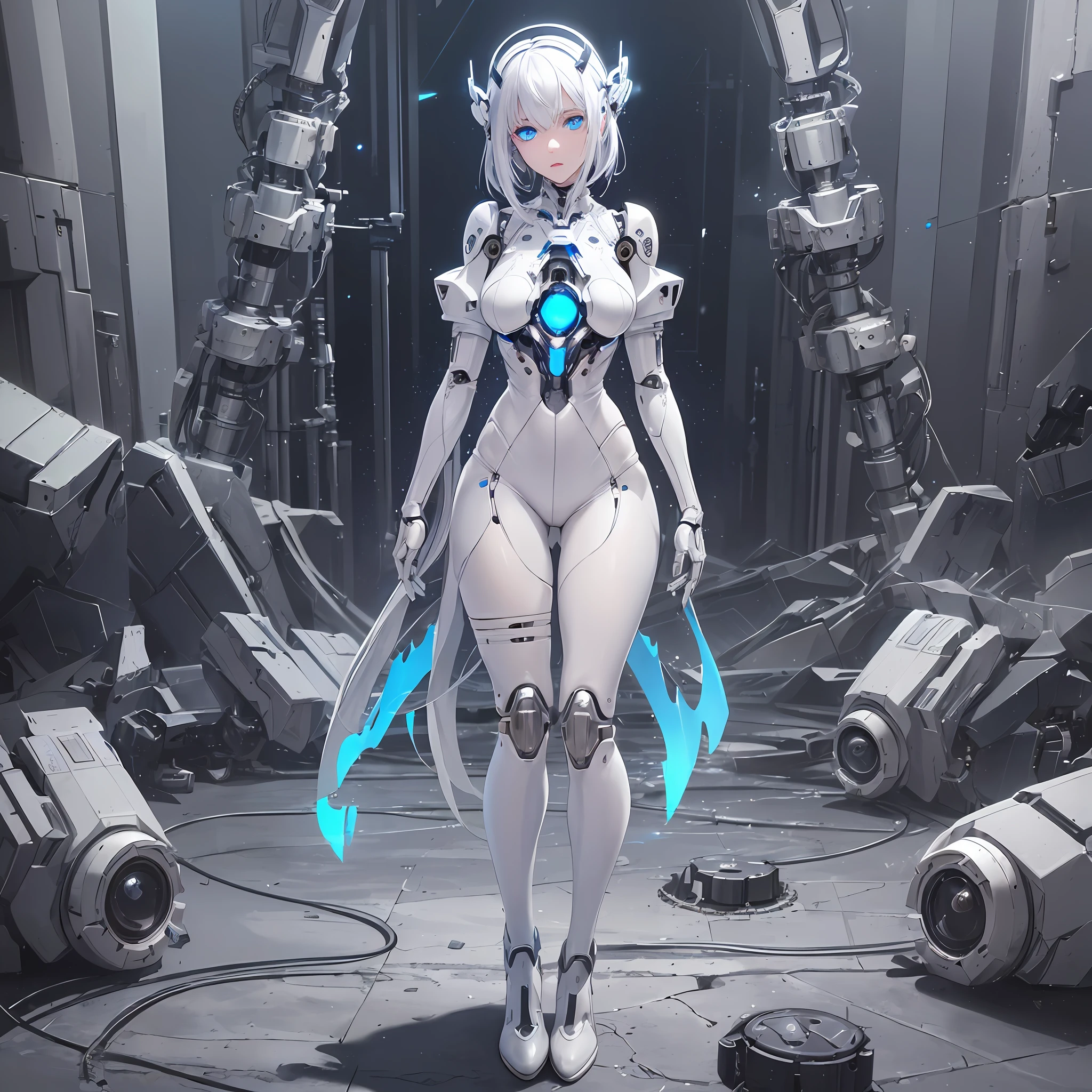 (foot),(({very detailed CG)))), white jumpsuit, masterpiece, best quality, high resolution illustration, super detailed, high resolution, absurd, complex and delicate details, 1 girl, mechanical suit, ((mixed)), beautiful and delicate hair, ( ((shortened)), (open arms to the audience))), open palm, mechanical head gear robot girl, ((glare eyes)), looking at the audience, ((glowing eyes)), beautiful eyes with high detail, deepblue_ eyes, (((((Cyber mechanical eyes: 0.9))), (looking at the audience), pale skin, parted lips, shiny hair, (blood on face), cold face, cold attitude, white hair, empty eyes, sparkling, robotic arm, container, cracked body, metallic texture, (damaged laboratory), white_theme, scattered blue particles, no feelings, cracked face, cold face, white pantyhose, boots , ((whole body)), standing --auto --s2