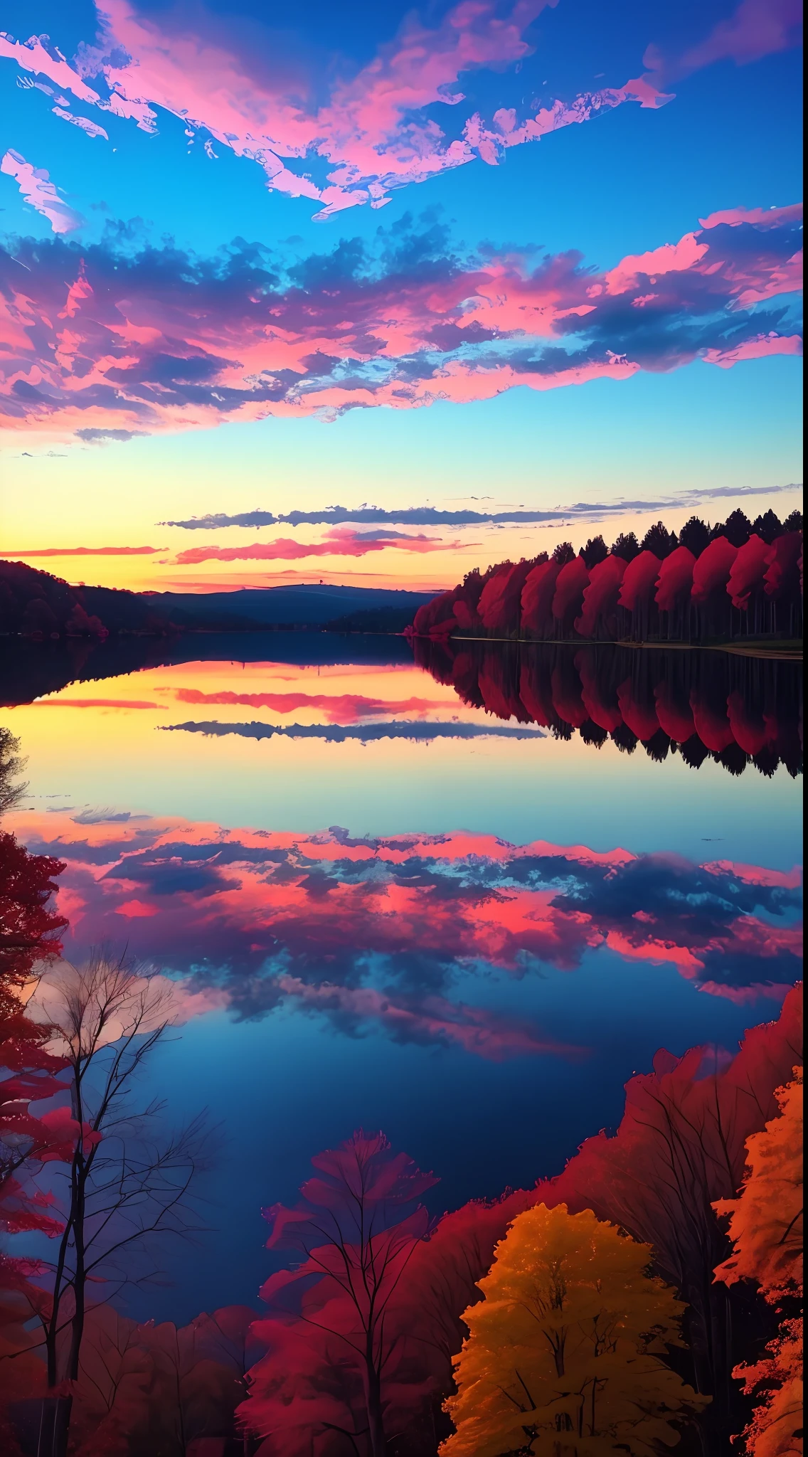 there is a beautiful sunset with a lake and trees in the background, colorful skies, surreal colors, colorful sunset, colorful sky, marvellous reflection of the sky, stunning sky, dream like atmosphere 8k, colorful clouds, colors reflecting on lake, surreal sky, red and blue reflections, fire reflection, beautiful sky, beautiful and spectacular dusk, beautiful dreamy landscape, amazing sky