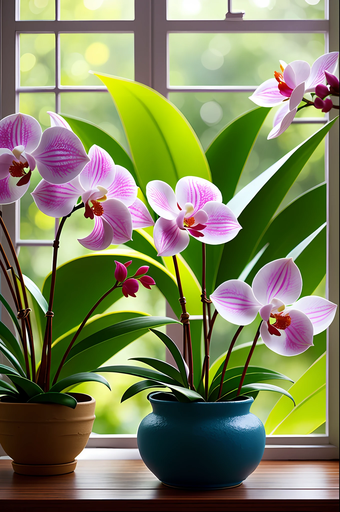 Clay pot, colorful orchids, by the window, sunlight coming in, background blank, lots of detail, high quality, 8k