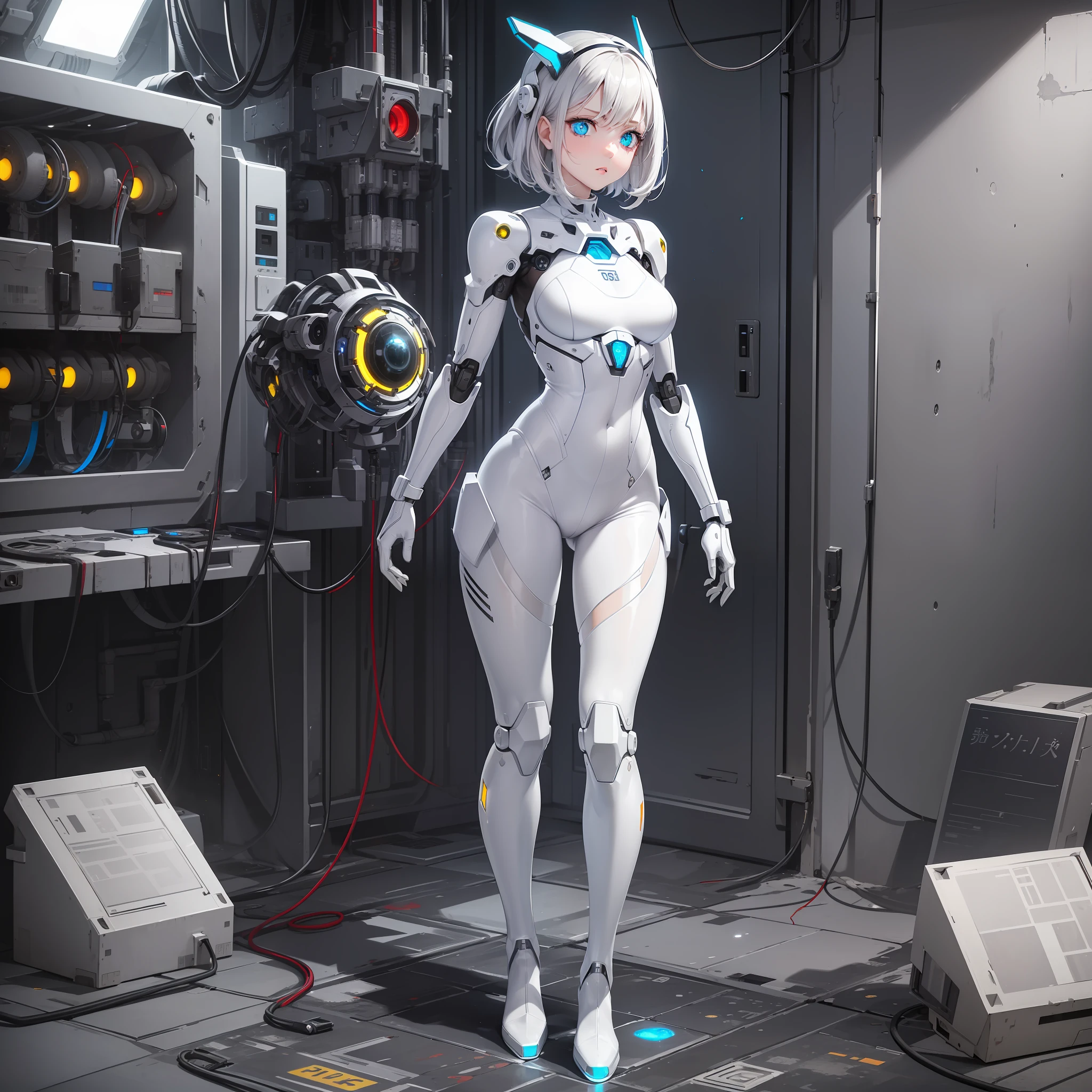 (foot), (standing), (full body), ((very detailed CG))), white jumpsuit, masterpiece, best quality, high resolution illustration, super detailed, high resolution, absurd, complex and refined details, 1 girl, mechanical suit, ((mixed)), beautiful and delicate hair, ( ((shortened)), (open arms to the audience))), open palm, mechanical head gear robot girl, ((glare eyes)), looking at the audience, ((glowing eyes)), High detail beautiful eyes, deepblue_eyes, ((((Network mechanical eyes: 0.9))), (looking at the audience), pale skin, parted lips, shiny hair, (blood on face), cold face, cold attitude, gray hair, empty eyes, sparkling, robotic arm, container, cracked body, metallic texture, (damaged laboratory), white_theme, scattered blue particles, no feelings, cracked face, cold face, white pantyhose, boots ,