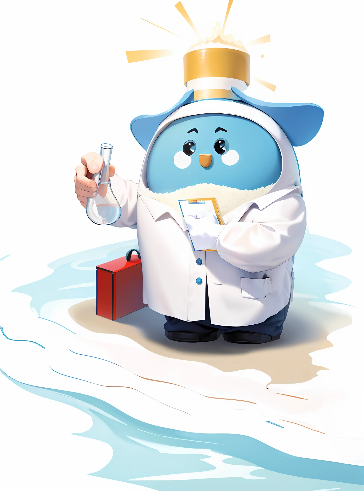 Moutai, mascot, dress up as a scientist, test tube, test, folder, box, riverside, summer, sunshine, high precision illustration