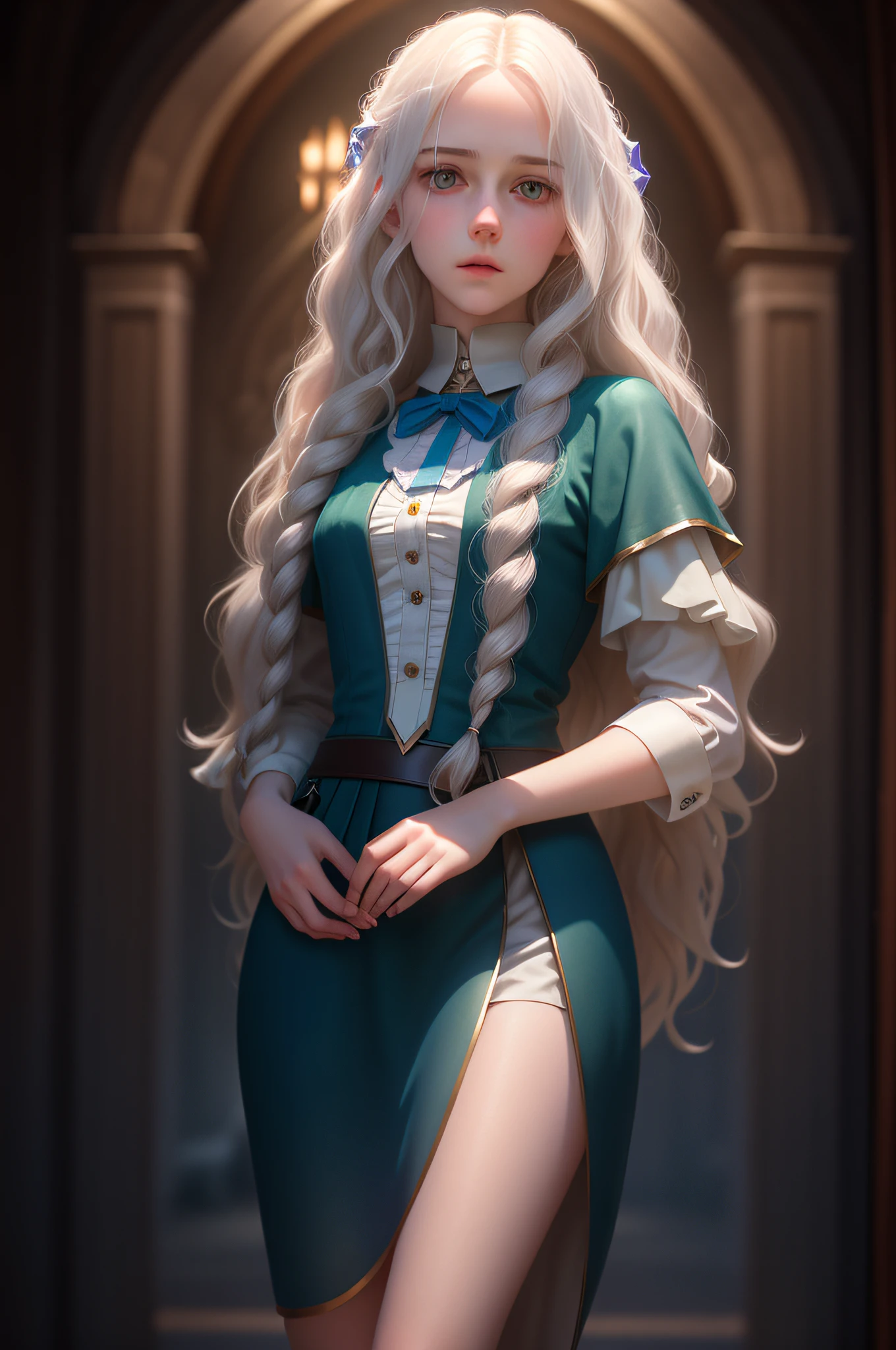 white wavy hair, young ager, pale skin, perfect, anatomically correct, photorealistic, 8k wallpaper, masterpiece, portrait of the face, in a shadowy castle, gloomy environment, climate of mystery.