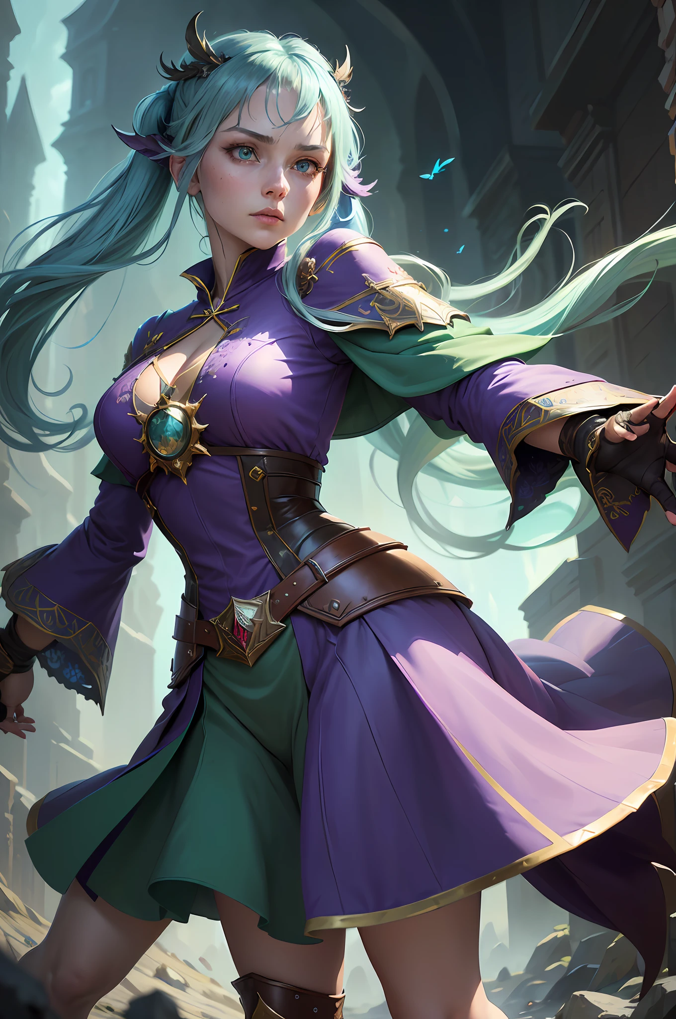 (highres illustration:1.1), (Medieval RPG, majestic imperial looking Female(action pose :1.1), Character Portrait, realistic detailed aqua eyes, detail symmetrical face:1.2), (ambient light, beautiful detailed majestic open fields green tundra background:1.1), (purple twintail hair:1.3), (young skin:1.2), (human:1.1), (solo,1girl:1.2), (vivid green theme:1.1), (intricate mage wizard ornate robes, green capelet, :1.1), (blue wizard robes:1.1), (chaotic good:1.2), unity asset store, (fantasy portraits, rpg portraits), (professional majestic oil painting by Anna Pavleeva, by Valeriy Vegera, volumetric lighting:1.3), Intricate, High Detail, dramatic, flying butterflies , ((sense of scale )),
