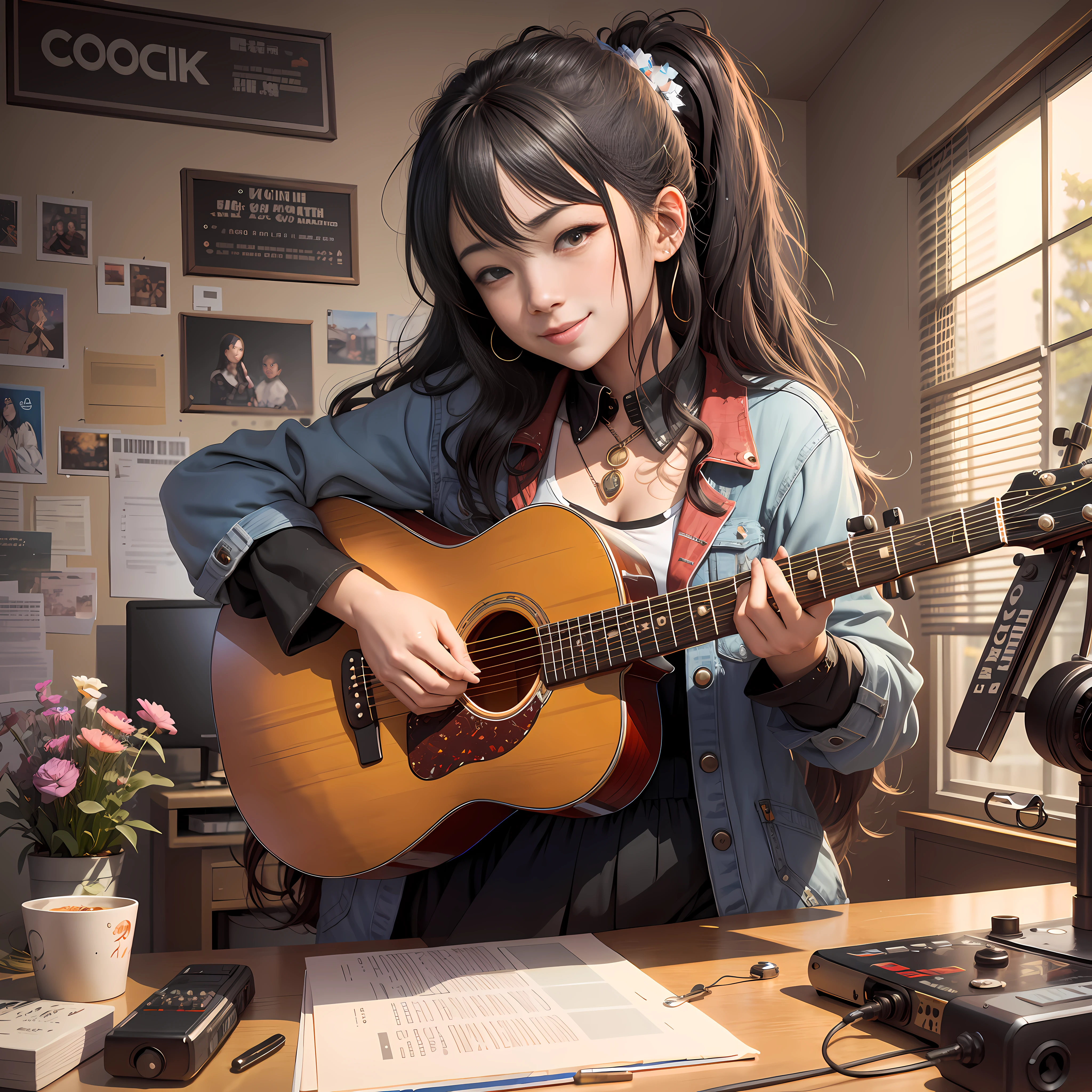 There is a smiling, white-toothed woman who is playing a guitar in the room, Guweiz-style art, Ross Tran 8K, Guweiz in Pixiv ArtStation, Guweiz in ArtStation Pixiv, trend in CGstation, Realism Anime 3 D Style, Realism Anime ArtStyle, The Girl Plays Guitar, Anime Realism Style