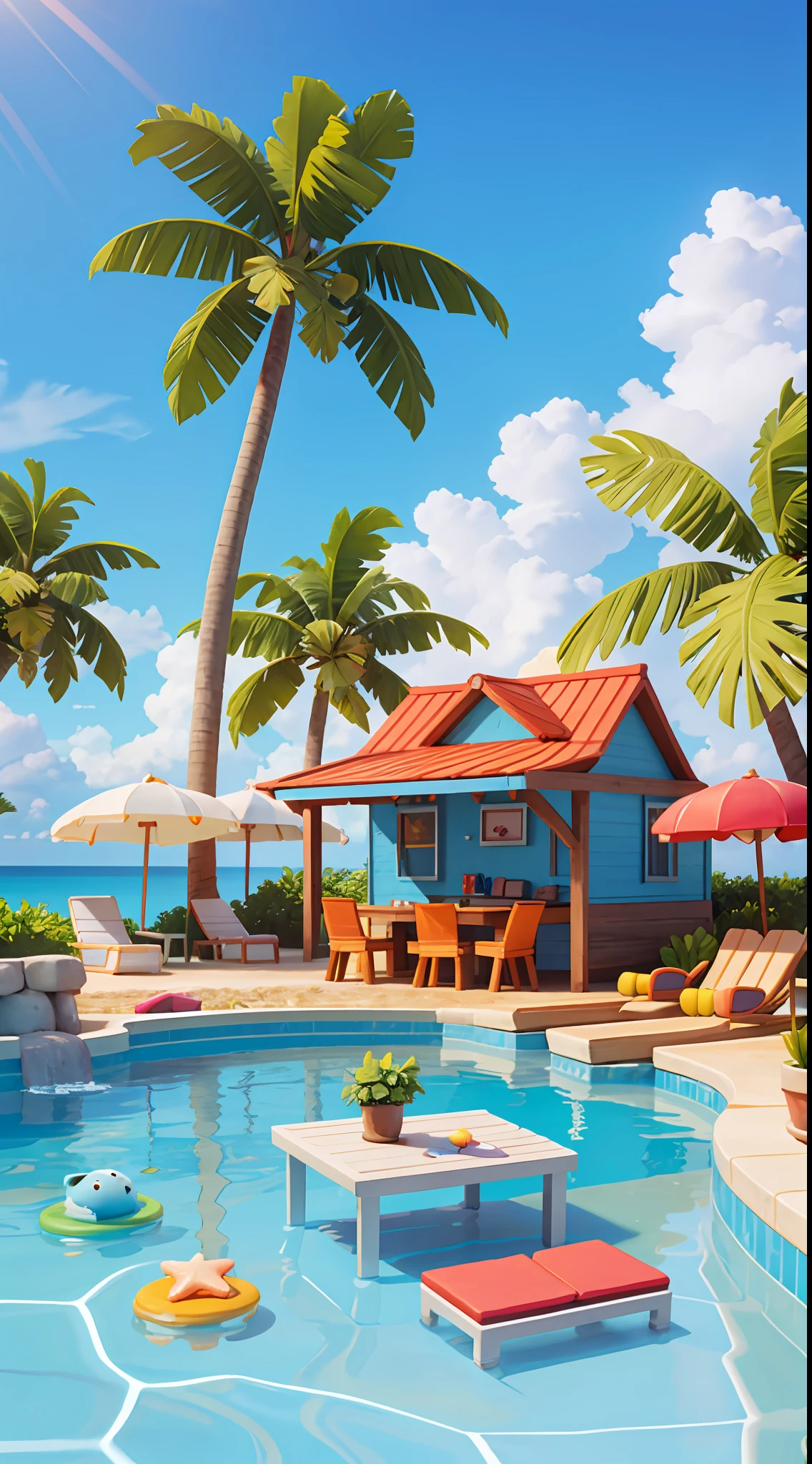 Beach, Swimming Pool, Blue Sky, Clouds, Beach Loungers, Flowers, Ocean, Swimming Ring, Slippers, [Crab], [Starfish], [Coconut Tree: 1.2], [Umbrella], (Solid Color Background), Full Frame, Colorful, Dreamy, Fresh, Bubble Mart, Bright Colors, Model Blind Box Toy, Disney Style, Fine Glow, OC Rendering, Pastel Colors, Movie Textures, Medium Close-Up, High Detail, 3D Rendering, High Quality, Best Quality, 8K