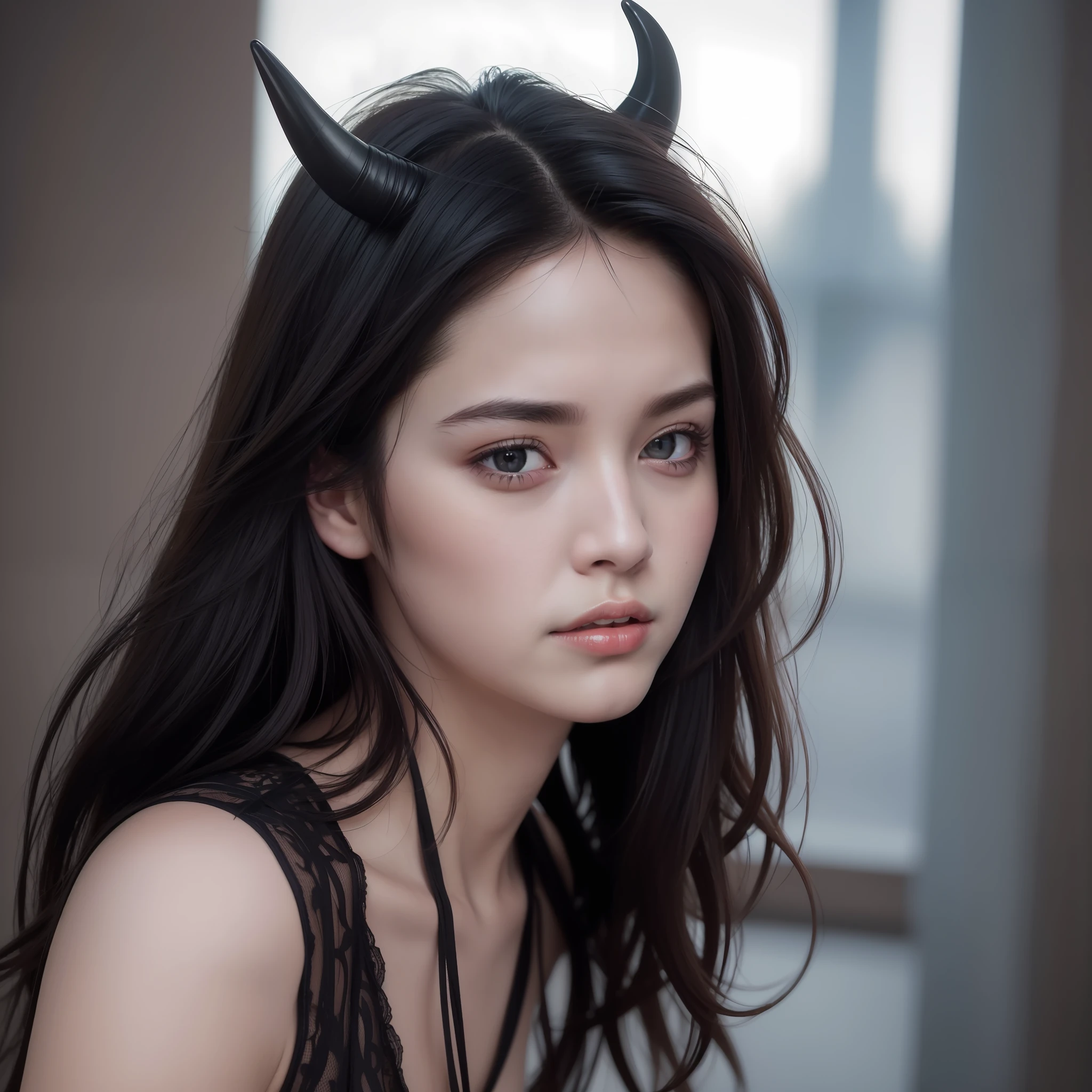 (8k, best quality, masterpiece:1.2),(realistic, photo-realistic:1.37),ultra-detailed,beautiful devil,upper body,face the front,looking at viewer,wearing black,