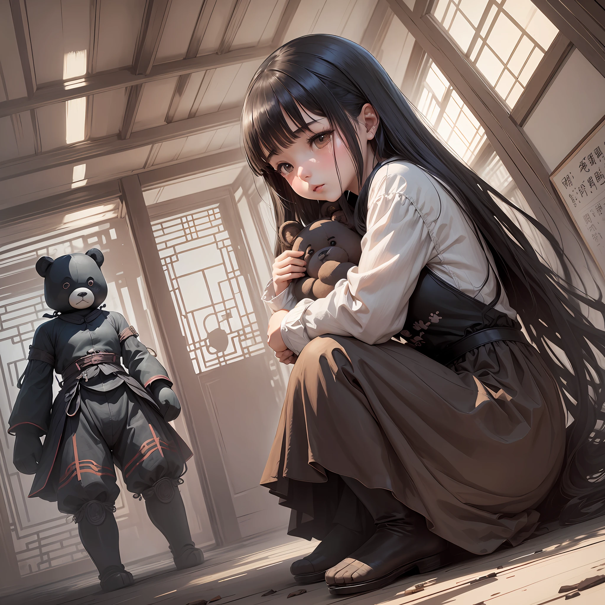 A girl holding a teddy bear crying, a two-dimensional figure, Chinese ink painting style, big scene, big perspective composition, interesting composition method --auto --s2
