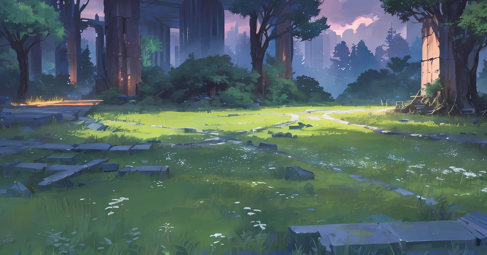 Anime scene of forest with path and small house, anime background art, doomsday ruins, cyberpunk, anime village landscape, detailed scenery — width 672, background artwork, elf forest background, anime nature, Velly distant forest,