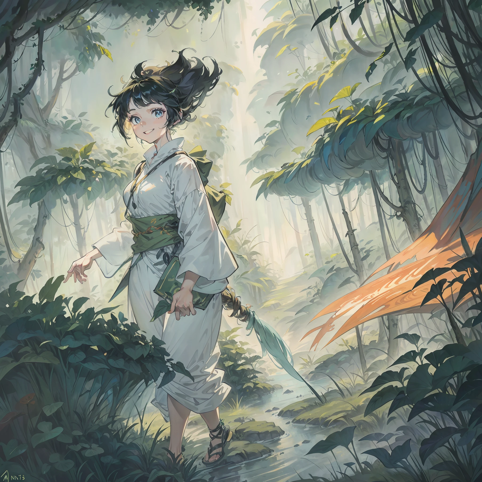 An adventurous woman is immersed in an exciting journey through the depths of a dense rainforest. She is depicted in a painting, with her hair in the wind and a radiant smile on her face. Her eyes sparkle with determination and curiosity as she bravely makes her way down the winding jungle paths.
