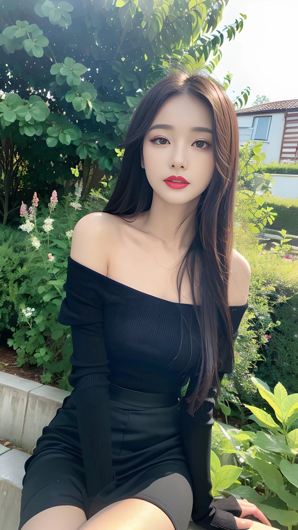 ((Best Quality, 8K, Masterpiece:1.3)), A beautiful girl, pure, melon face, gentle and cute, thin figure, (frontal), (tilted head), looking directly at the camera, (loose and thin off-the-shoulder long-sleeved shirt, long skirt), black silky long straight hair, long hair flowing over the shoulders, round black big eyes, clear big eyes, moist red lips, sweet, sitting in the garden, home background,