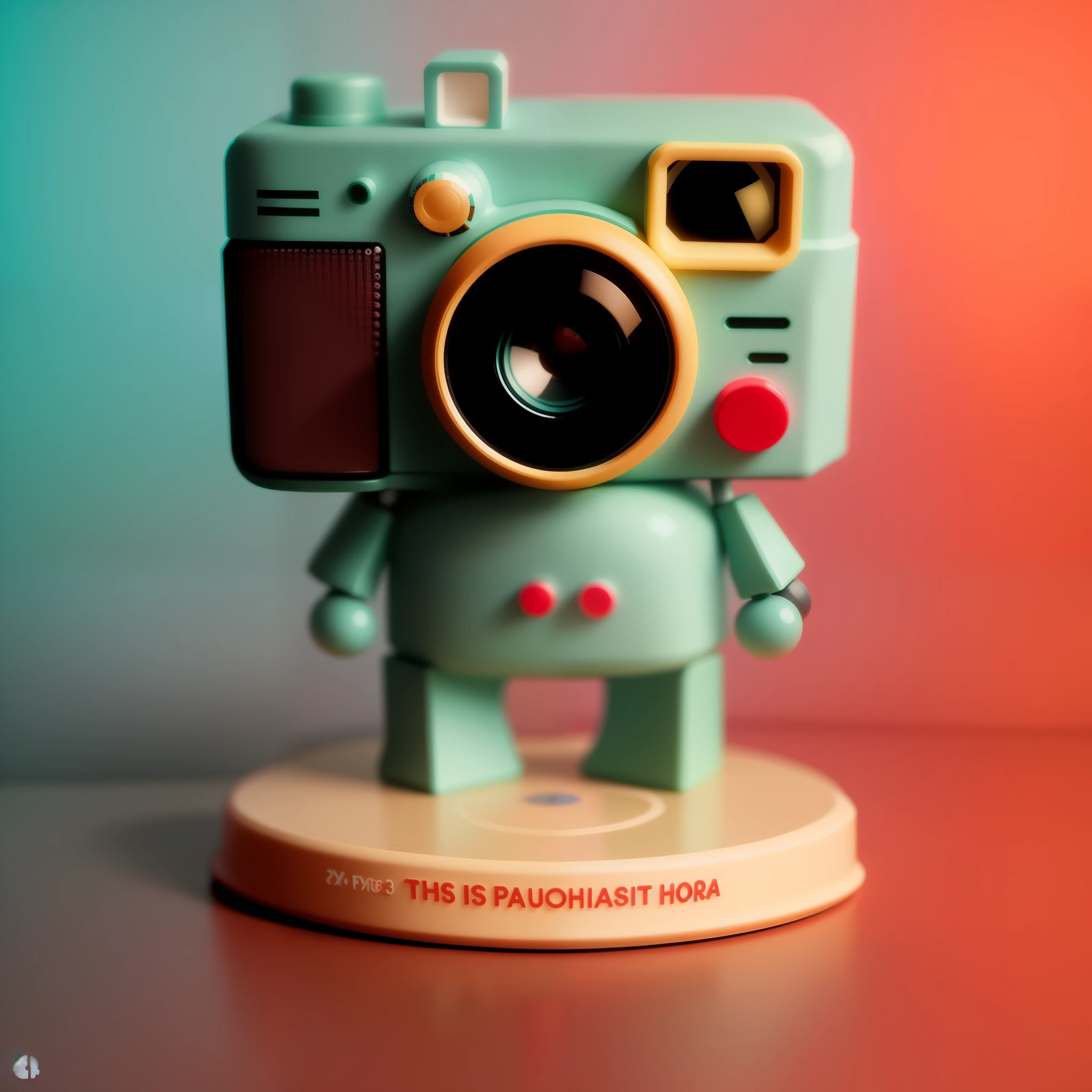 there is a toy camera that is sitting on a stand, toy photography, toy camera, retro photography, robot photography, cute pictoplasma, vinyl designer toy, toy photo, in retro colors, inspired by Chris LaBrooy, cute photograph, lomography, stop motion vinyl figure, cute 3 d render, cute! c4d, vintage camera, print!