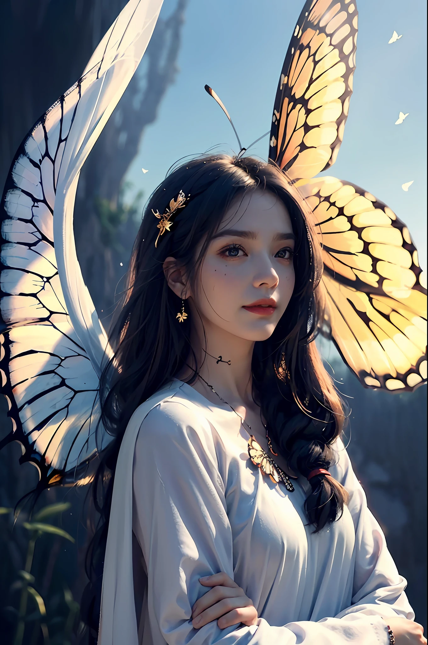 (RAW Photo, Best Quality), (Realistic, Photorealistic Real: 1.3), Best Quality, Highly Detailed, Masterpiece, Hyper Detail, Illustration, 1 Girl, Smile, Butterfly Hair Accessory, Black Hair, White Cape, Elder on Back a Pair of White Butterfly Wings, Wield a Swords, Butterfly Fairy, upper_body, Dynamic Angle, World Mastery Theater, Ponytail, Fluores cent Red, Dynamic Fire inbackground, best quality, extremely detailed CG unified 8k wallpaper, ink, amazing, cinematic lighting, lens_flare, wuxia_style