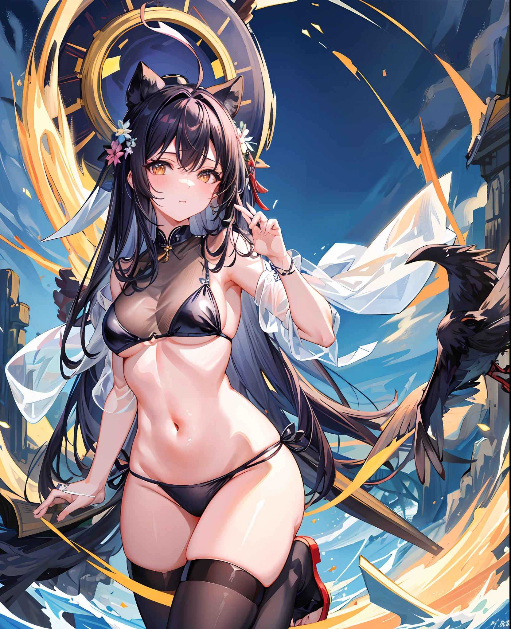 (masterpiece), (best quality), 全身, 简单的背景, 坐着, 1girl, 闪亮的头发, 白发, 羽毛发饰, 白色披风, ((see-through)), 肚脐, 浅笑, 植物, 花, full_moon ,侦探主题,((black legwear)), ((crow)),chains,ruins, 1gir, in flower,black_bikini,1girl in flower ,navel,