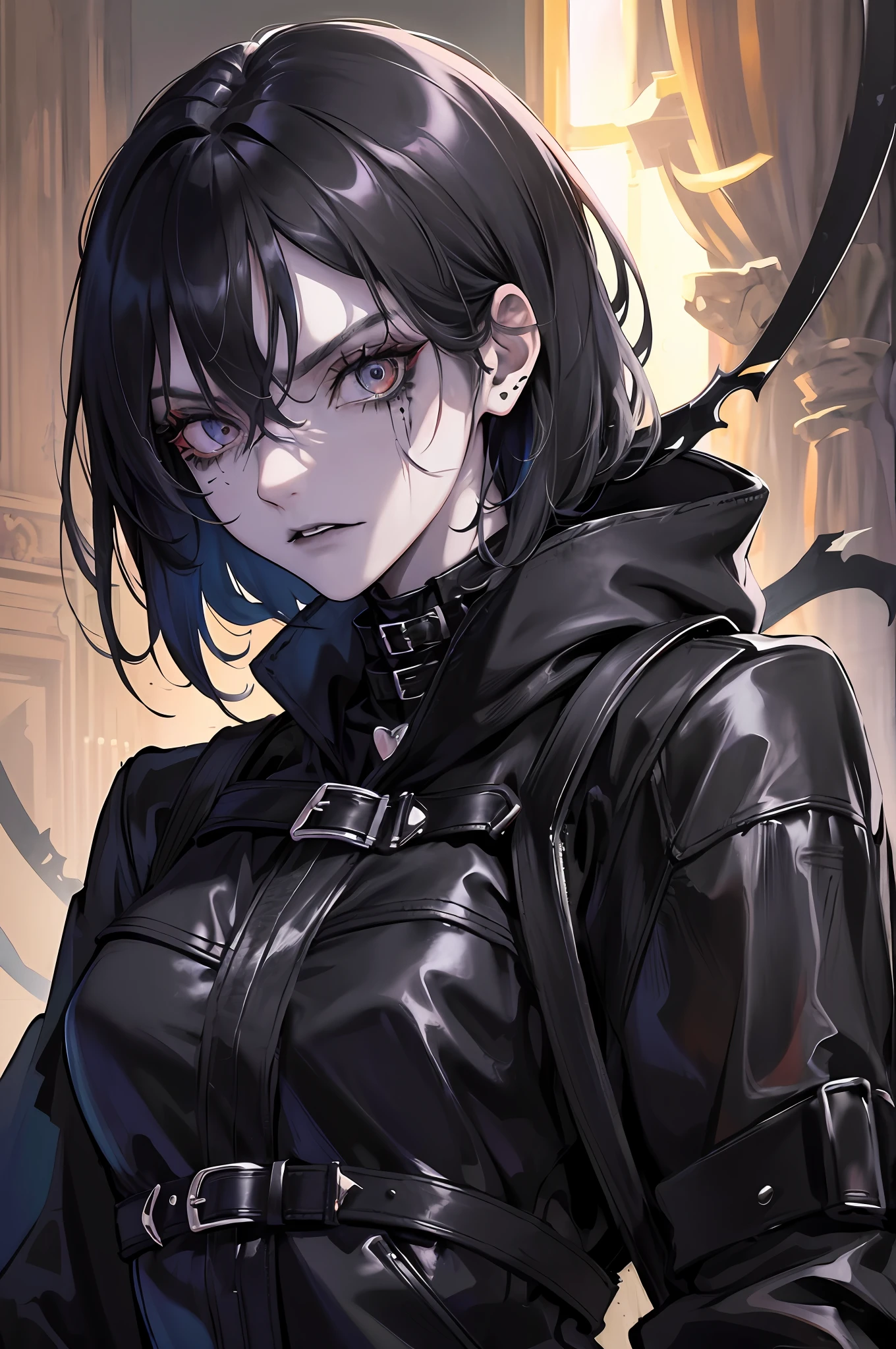 undead thief, thief, masterpiece, best quality, super detailed, illustration, (super detailed face), (best face), night, timid expression, 20 years old, adult, 1girl, crime master, black short hair messy hair, black lips, night coat, belt, backpack, agile, slender, bloodless skin, undead, intricate detail outfit