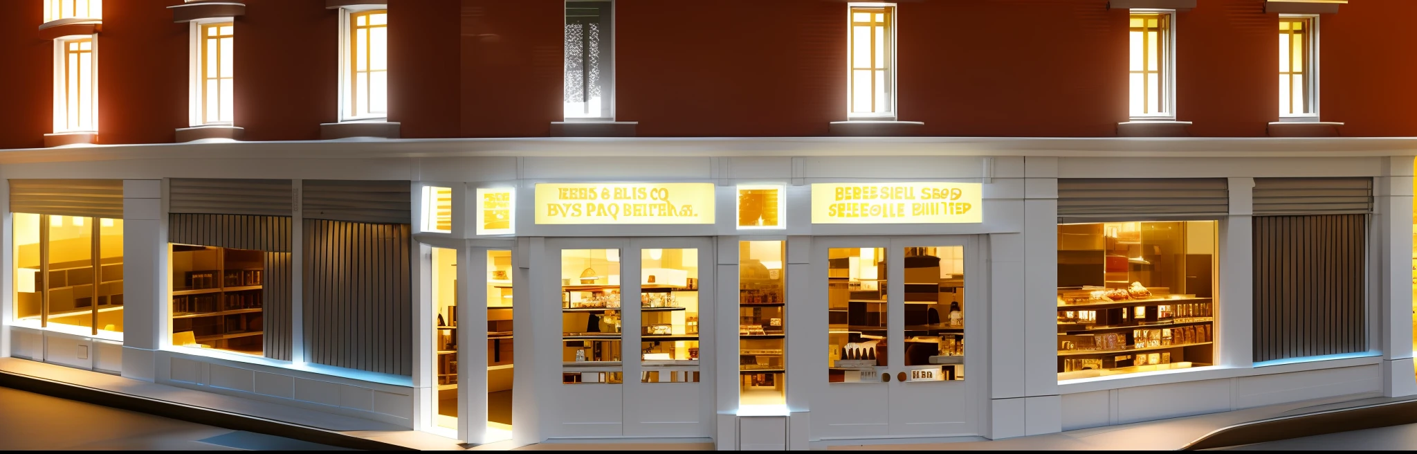 BBQ shop, restaurant outlet, European style architecture, white with light gray, night snack, bright, European restaurant High detail Warm street lamp storefront, quality cinema model, 3D, hot scene, lively, storefront