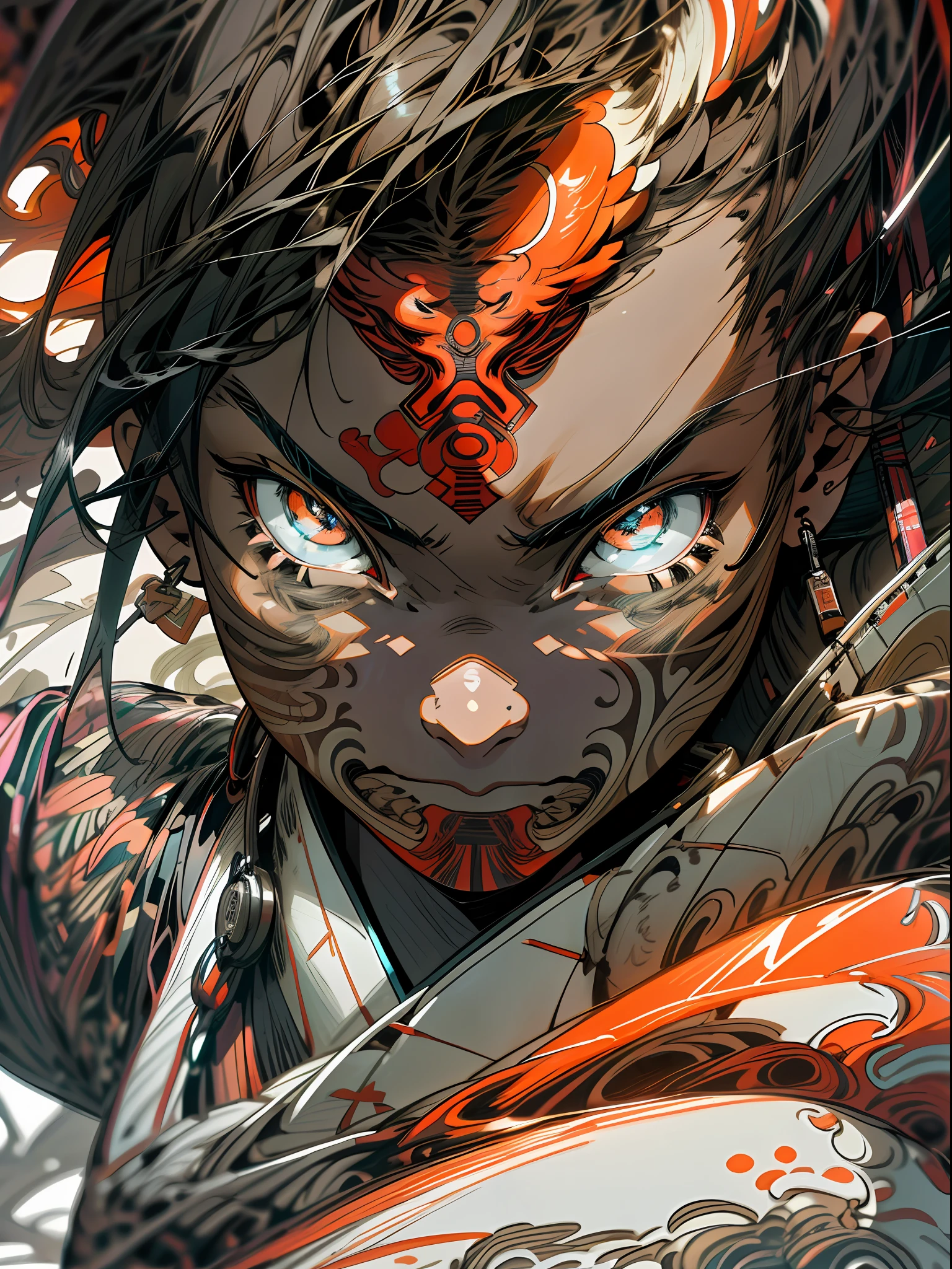 background, mixed-language_text, Japanese graffiti letters, a warrior nulher with long black hair cascading down her back. His eyes are a deep shade of amber, which shine with intensity when he is in battle. She possesses an athletic and slender appearance, with a confident and determined posture. Her skin has a light tan tone, evidencing her strength and endurance, photo, sticker art, freedom, soul, digital illustration, comic style, centered, approaching perfection, dynamic, highly detailed, watercolor painting, artstation, concept art, smooth, sharp focus, illustration, art by carne griffiths and ,alone anime, centered, approaching perfection, drawing style illustrator, anime style, body with futuristic tribal tattoo style designs in dragon shape, serious face and ultra detailed artwork, graffiti style destroyed city scenery with camera focus,