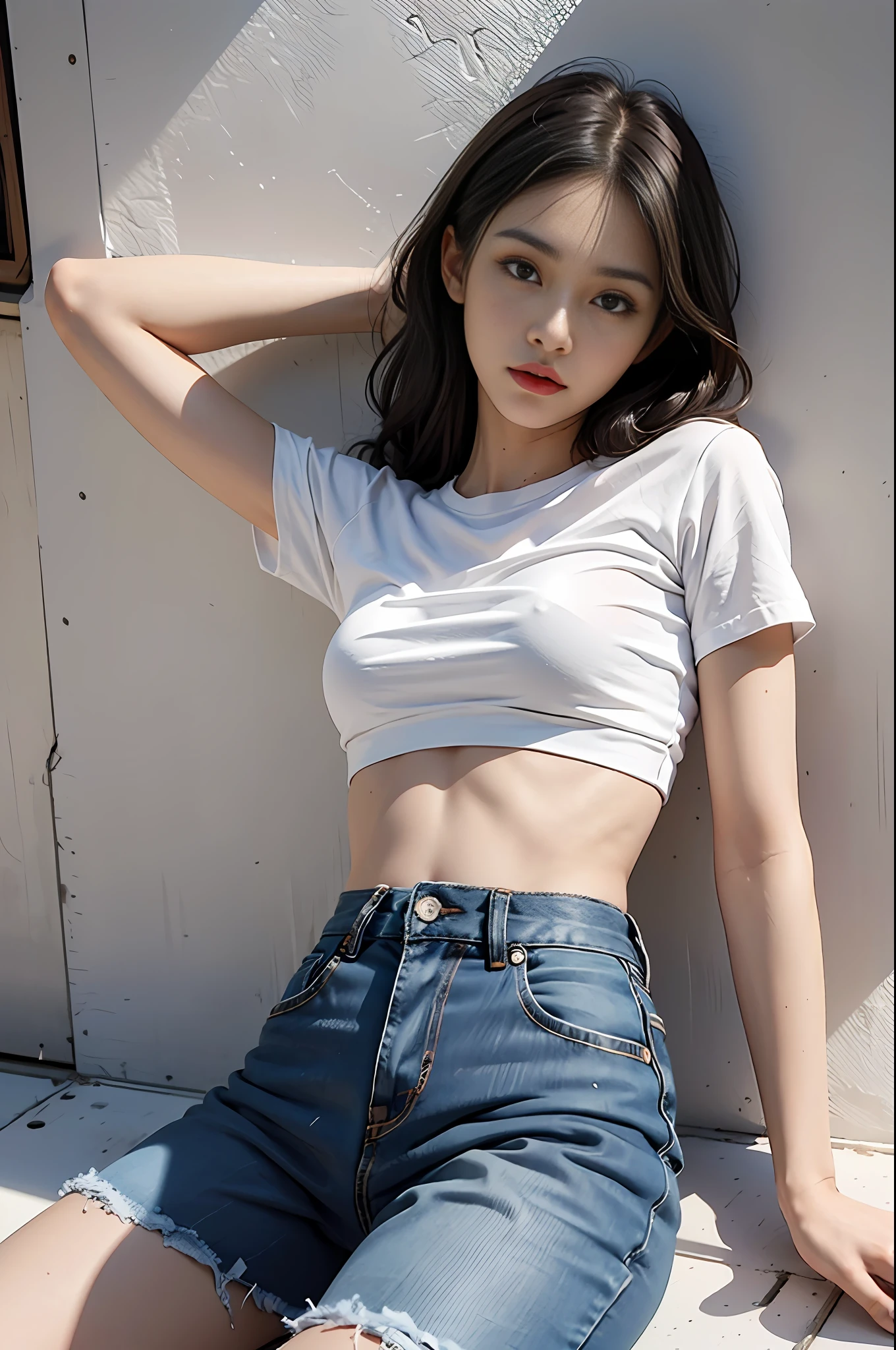 Girl in white shirt and tight denim skirt posing for photo, full body, legs spread, cut t-shirt, bra, slim body, small bust, slim girl model, 24 year old female model, lying on construction site, group of black men watching