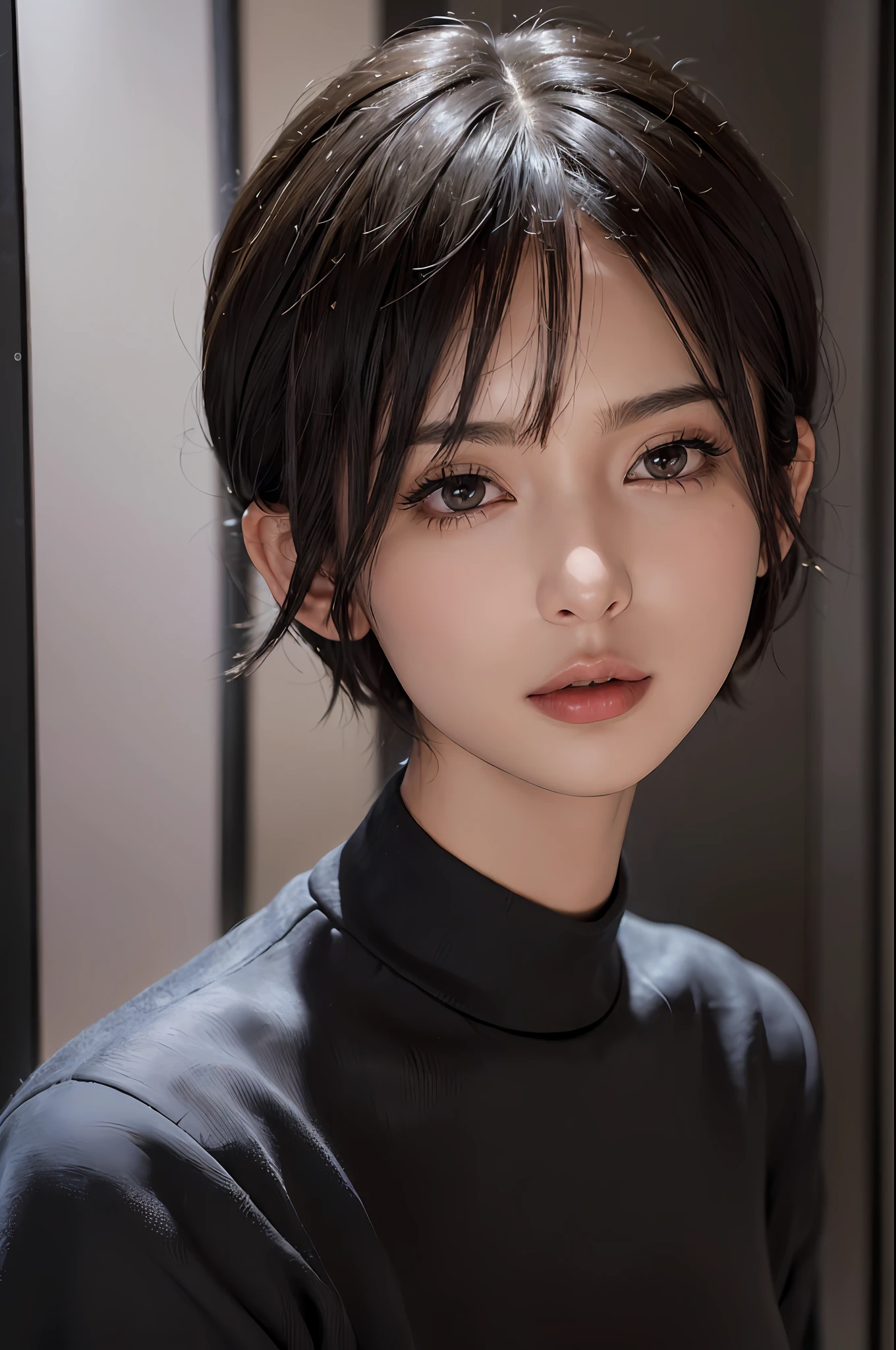 (masterpiece:1.3), (8k, photorealistic, RAW photo, best quality: 1.4), (1girl), beautiful face, (realistic face), (black hair, short hair:1.3), beautiful hairstyle, realistic eyes, beautiful detailed eyes, (realistic skin), beautiful skin, (sweater), absurdres, attractive, ultra high res, ultra realistic, highly detailed, golden ratio