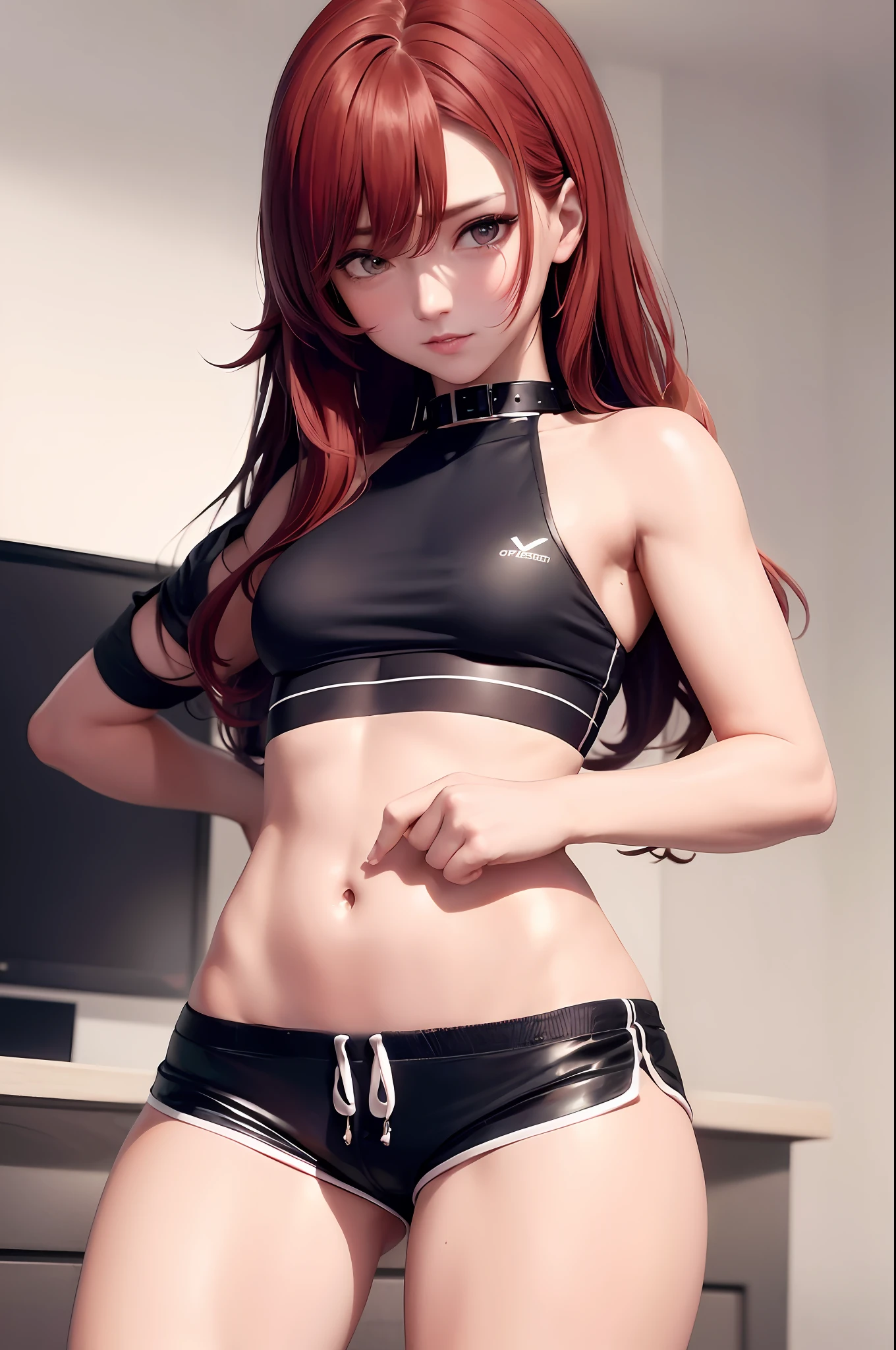 ((medium chest, tomboy, small head)), (cropped abdomen: 1.1), (perfect body: 1.1), (long wavy hair: 1.2), red hair, collar, chain, full body, workout, sweat, femboy, futa ((shorts)), (extremely detailed CG 8k wallpaper), (extremely delicate and beautiful), (masterpiece), (best quality: 1.0), (ultra high resolution: 1.0), beautiful lighting, perfect lighting, realistic shadows, [high resolution], detailed skin, super detailed (((color)))