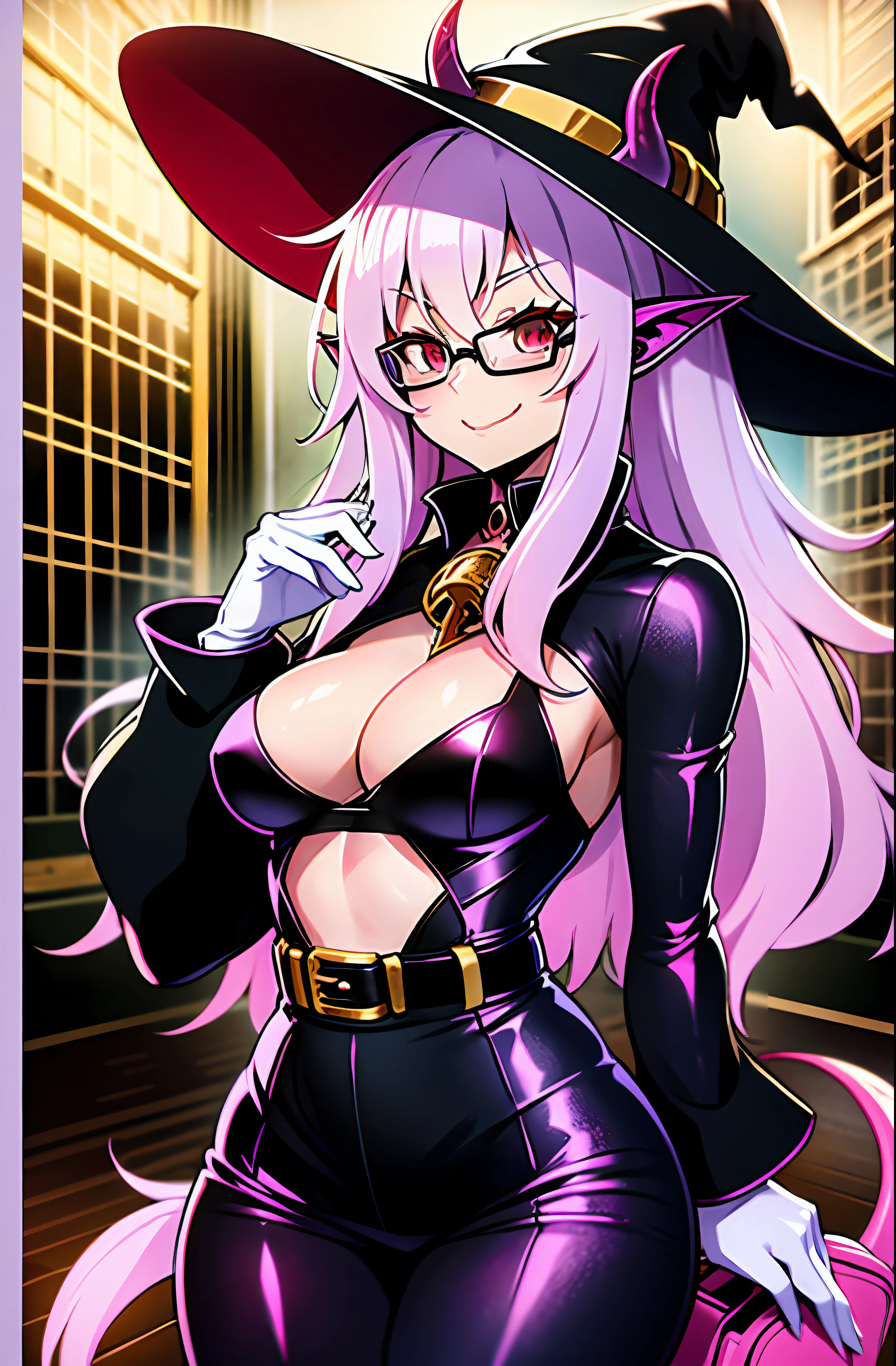 Anime demon girl, witch, succubus, pink hair, big red eyes, big demon wings, big demon tail, black horns, big red witch hat, white glasses, white gloves on hands, green shirt, red dress with gold border, black belt, bag, lilac pants, smiling, sweet, lustful look, suggestive look, neutral posture, smart, laboratory in the background, beautiful colors, rich colors, beautiful shader, 4K, vivid 3D effect