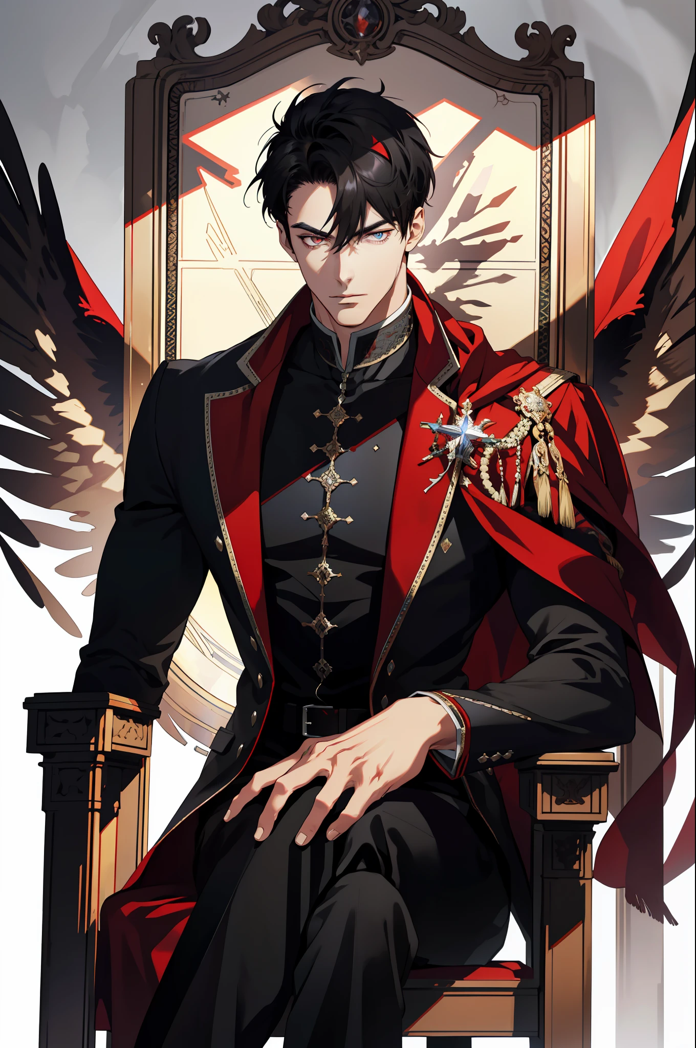 (absurd, high resolution, ultra detailed), 1 man, adult, handsome, tall and muscular boy, broad shoulders, finely detailed eyes and detailed face, short black hair, red colored eyes, fantasy, magnificent background,shadow effect, throne, magic effect, flame