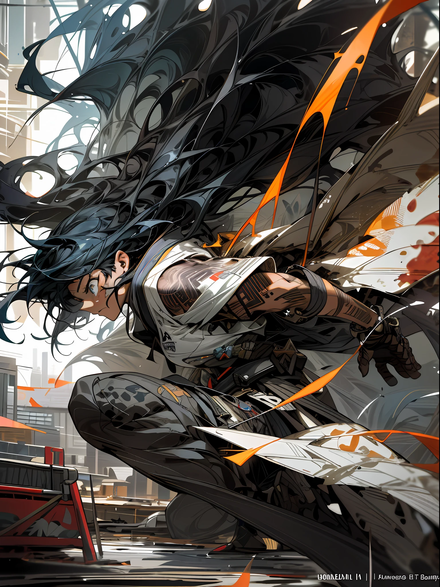 background, mixed-language_text, Japanese graffiti letters, a warrior nulher with long black hair cascading down her back. His eyes are a deep shade of amber, which shine with intensity when he is in battle. She possesses an athletic and slender appearance, with a confident and determined posture. Her skin has a light tan tone, evidencing her strength and endurance, photo, sticker art, freedom, soul, digital illustration, comic style, centered, approaching perfection, dynamic, highly detailed, watercolor painting, artstation, concept art, smooth, sharp focus, illustration, art by carne griffiths and ,alone anime, centered, approaching perfection, drawing style illustrator, anime style, body with futuristic tribal tattoo style designs in dragon shape, serious face and ultra detailed artwork, graffiti style destroyed city scenery with camera focus,