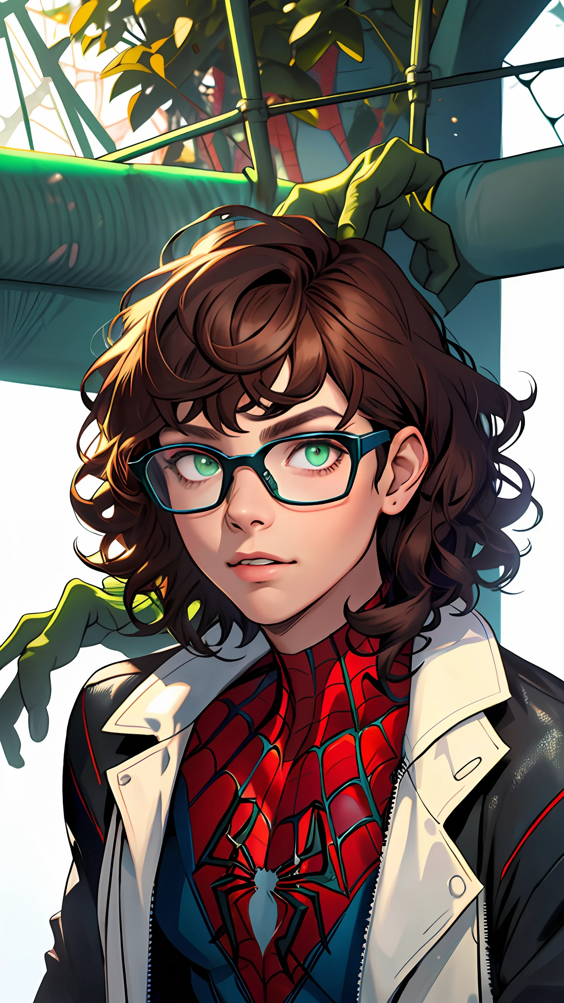 1girl, best quality, masterpiece, highly detailed Face: detailed face, detailed eyes, green eyes Clothes: glasses, spider man costume, spider verse, spider man, spider outfit, spider man outfit, spider spiderman. Hair: brown hair, curly hair, curly hair, medium hair, bangs.
