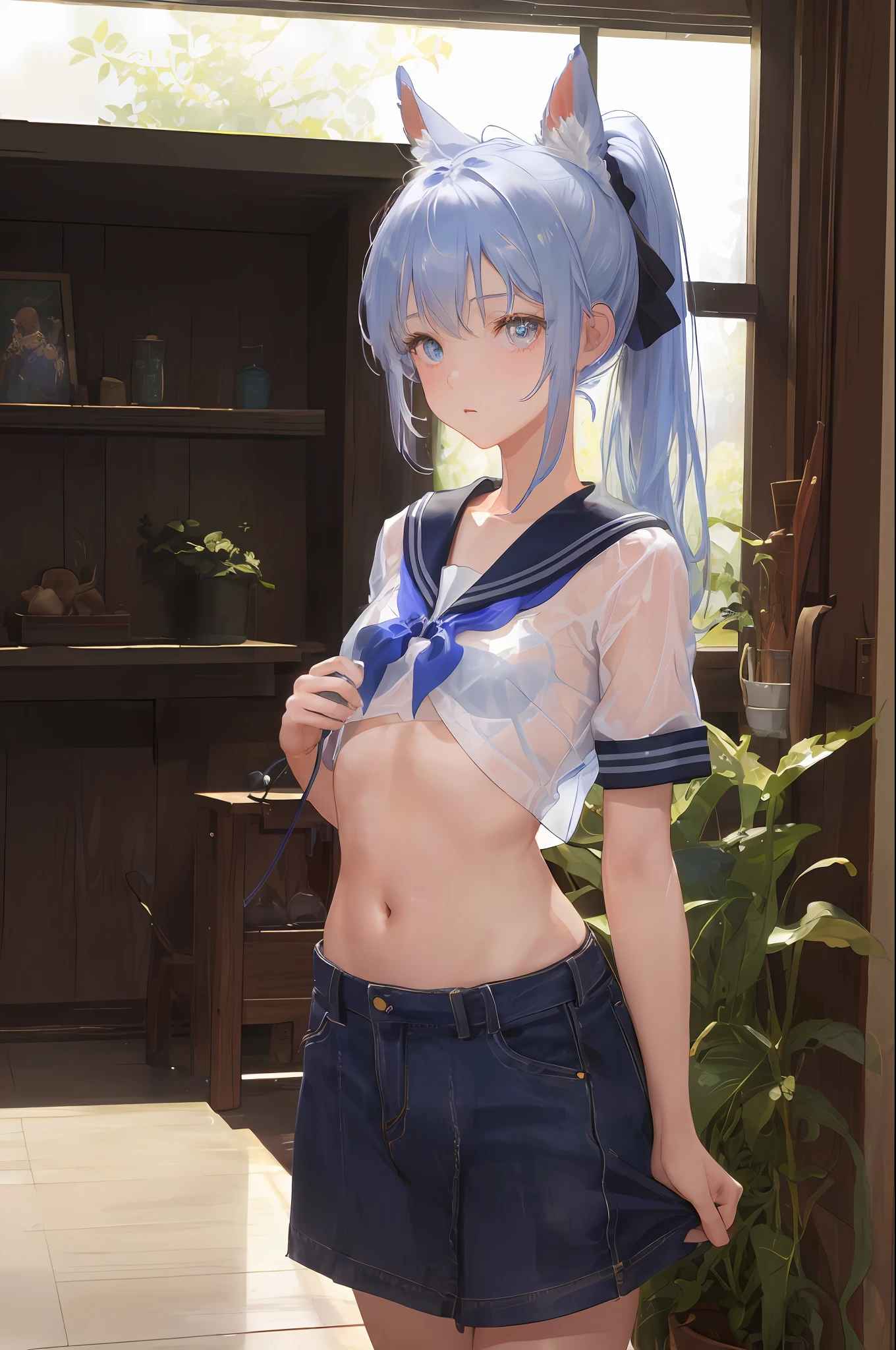 Cornflower art, dreamy, (masterpiece, top quality, perfect anatomy, beautiful face, realistic, super detailed, 1 girl, 18 ears senile, solo, depth of field, canon 24mm lens, f1.4, cute_girl, sailor_ collar, clear facial features, short sleeves, small breasts, slender height, height 150cm, barefoot, double ponytail, bangs, gravure pose, indoor, slouch, Chest gap jungle, blurred background, (Uwabaki: 1.1576)) whole body, clear liquid dripping from the crotch, the front of the shirt is exposed, breasts are visible, transparent bra, light blue striped buns, erotic, , NSFW movie, strange, beautiful pee, holy water, (), small ribbon,
