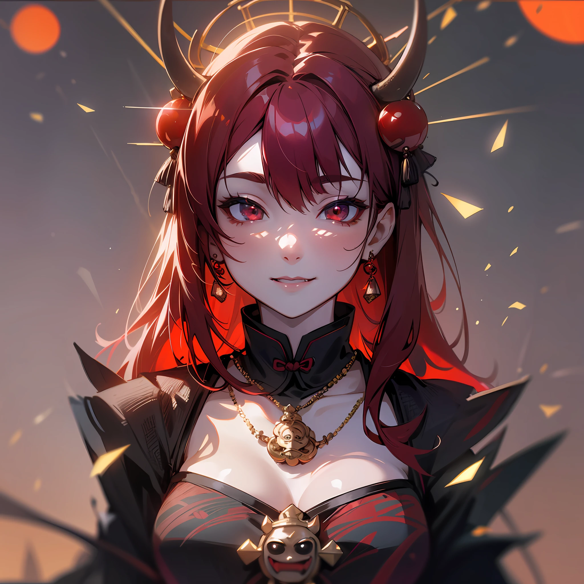 vampire, best quality, masterpiece, highres, 1girl, ((Oni))) chinese dress, red hair, hair ornament, necklace, jewelry, beautiful face, sobre_corpo, tyndall effect, photorealistic, dark studio, rim lighting, two-tone lighting, (highly detailed skin: 1.2), 8k uhd, Dslr, soft lighting, high quality, volumetric lighting, sincere, photography, high resolution, 4k, 8k, Bokeh --auto --s2