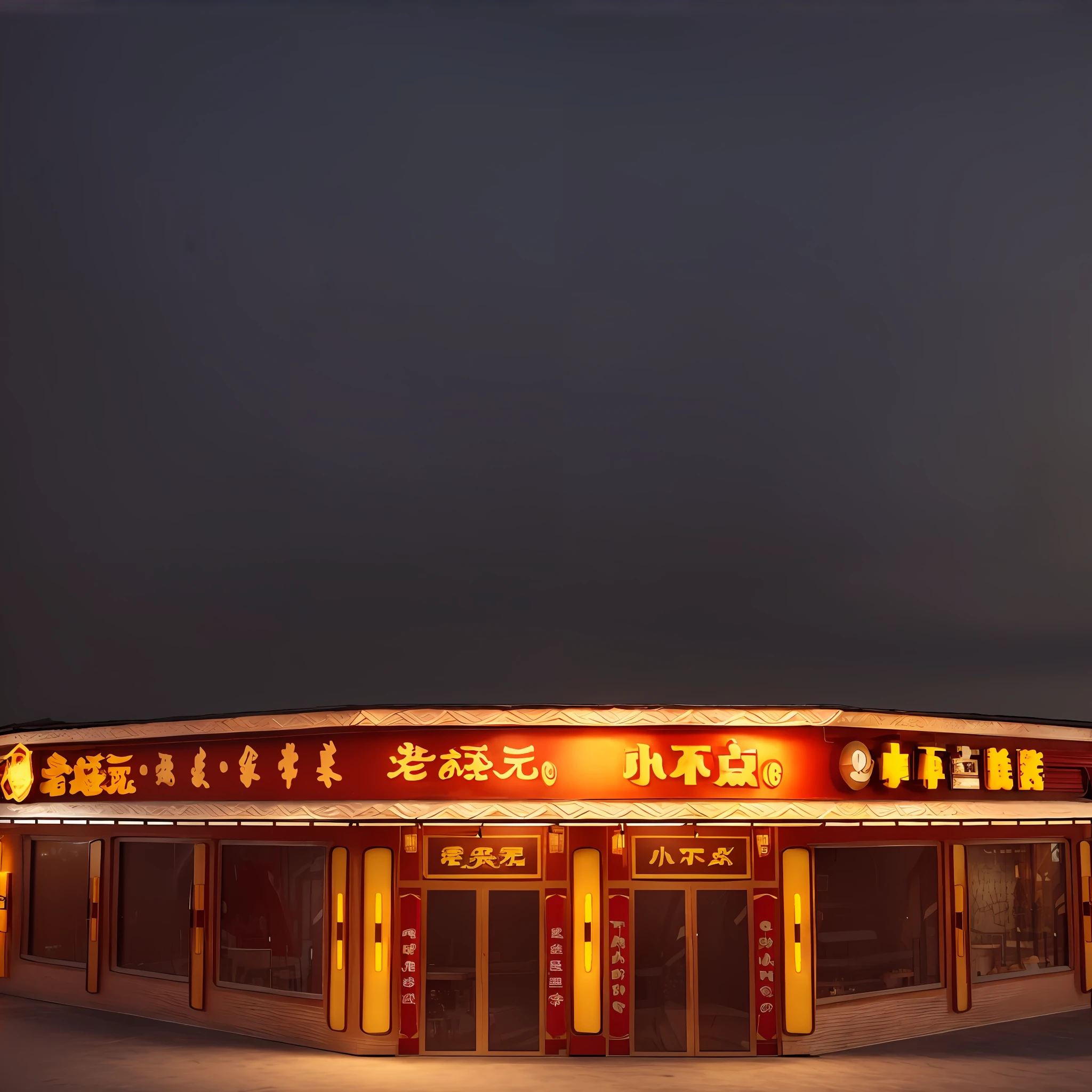 BBQ shop, eaves, ancient buildings, lanterns, food logo, skewer cartoon logo, restaurant outlet, night snack, bright, Chinese restaurant High detail Warm street lamp storefront, quality cinema model, 3D, hot scene, lively, storefront, Chinese architecture