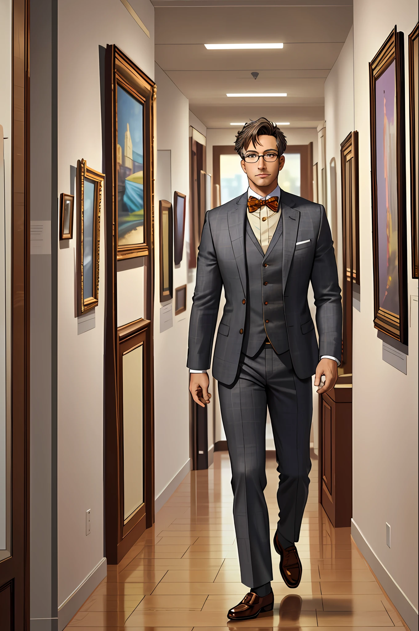 (Style: realistic), (Scene: Interior of an art gallery), (Hot)man looks to be 50 years old, wears tweed suit with bow tie, short gray hair, wears glasses walking inside an art gallery brown shoes, distant camera in perspective