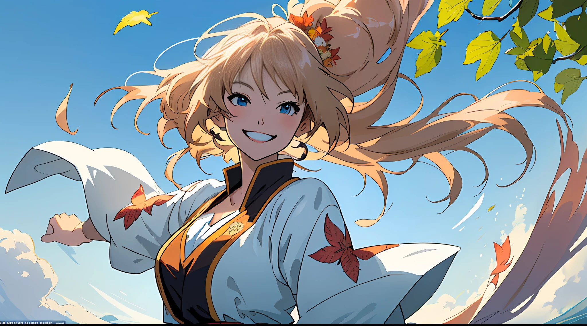 (8k unit wallpaper CG extremely detailed, masterpiece, best quality, ultra-detailed), (((solo))), ((wide shot:1.5)), (a happy girl as if she were dancing), (upper body), ((((smile line))), ((smile of anime line)), (wind swinging hair), (beautiful), perfect face, extremely detailed face, aligned eyes, magnificent scene, diverse environment with flowers, (leaves floating in the wind), illustrator, (best illustration)