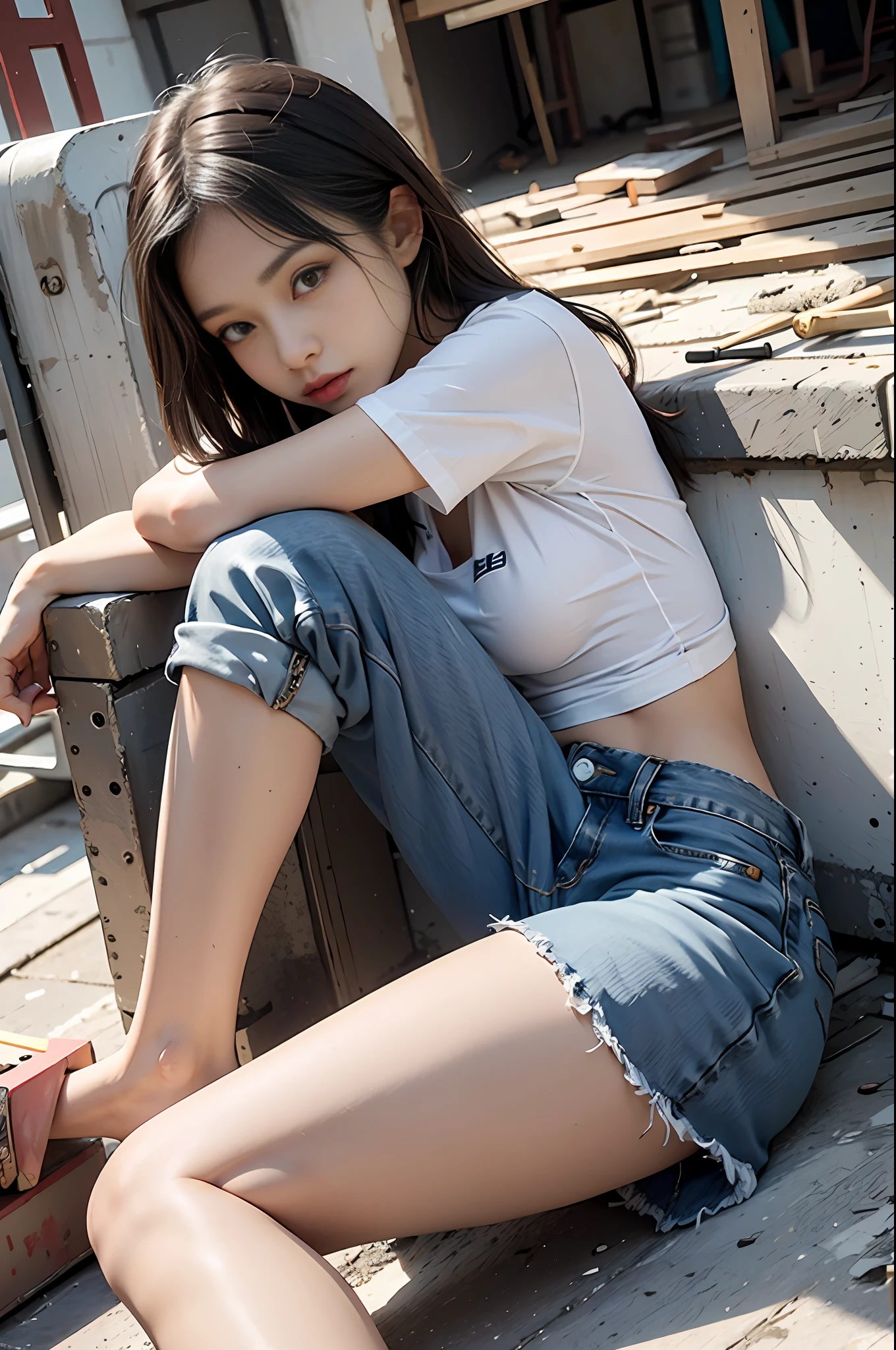 Girl in white shirt and tight denim skirt posing for photo, full body, legs spread, cut t-shirt, bra, slim body, small bust, slim girl model, 24 year old female model, lying on construction site, group of black men watching