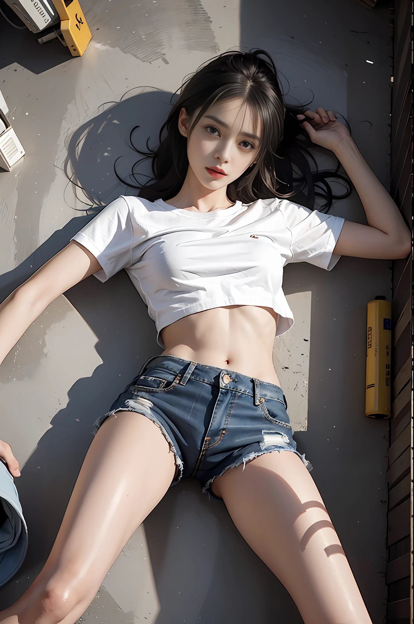 Girl in white shirt and tight denim skirt posing for photo, full body, legs spread, cut t-shirt, bra, slim body, small bust, slim girl model, 24 year old female model, lying on construction site, group of black men watching