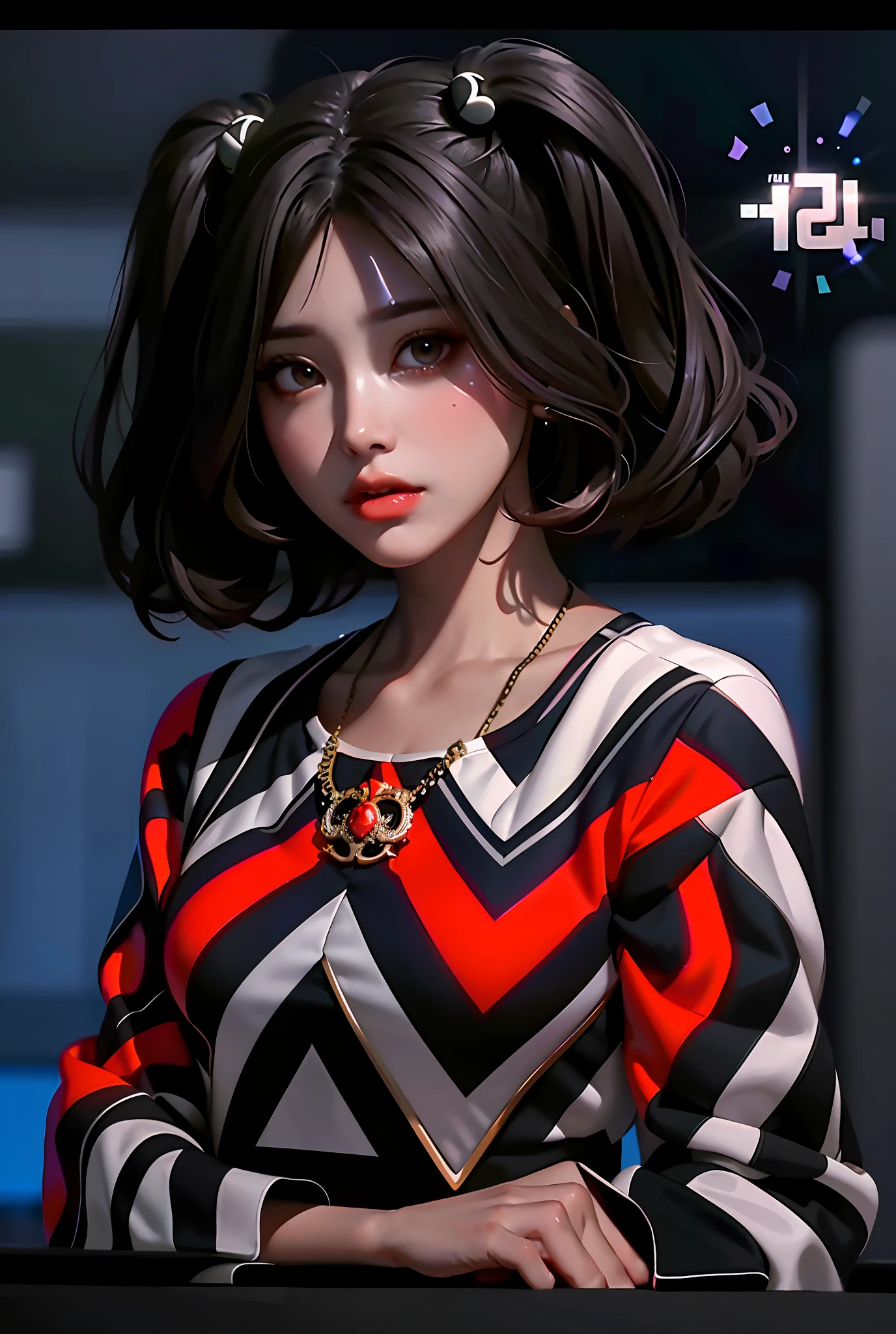 Princess eyes, Glamour big breasted,irl,masterpiece, best quality, (dark photo:1.3), photorealistic, 1girl, flat bangs, stunning innocent symmetry face, shirt, emotional, ulzzang, (PureErosFace_V1:0.7)