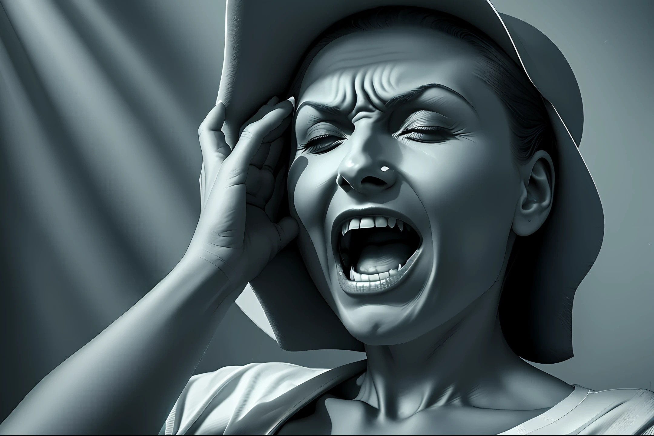 Realistic image of a person with toothache coming out rays from the mouth