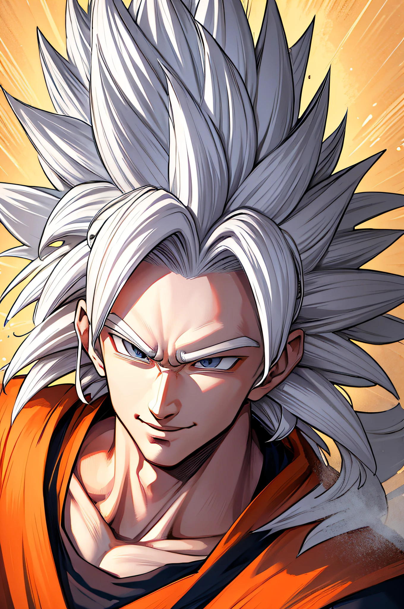 ((masterpiece, best quality)), goku, super saiyan, big hair, white hair, bad face, smiling, detailed hair, detailed skin, emanating energy.