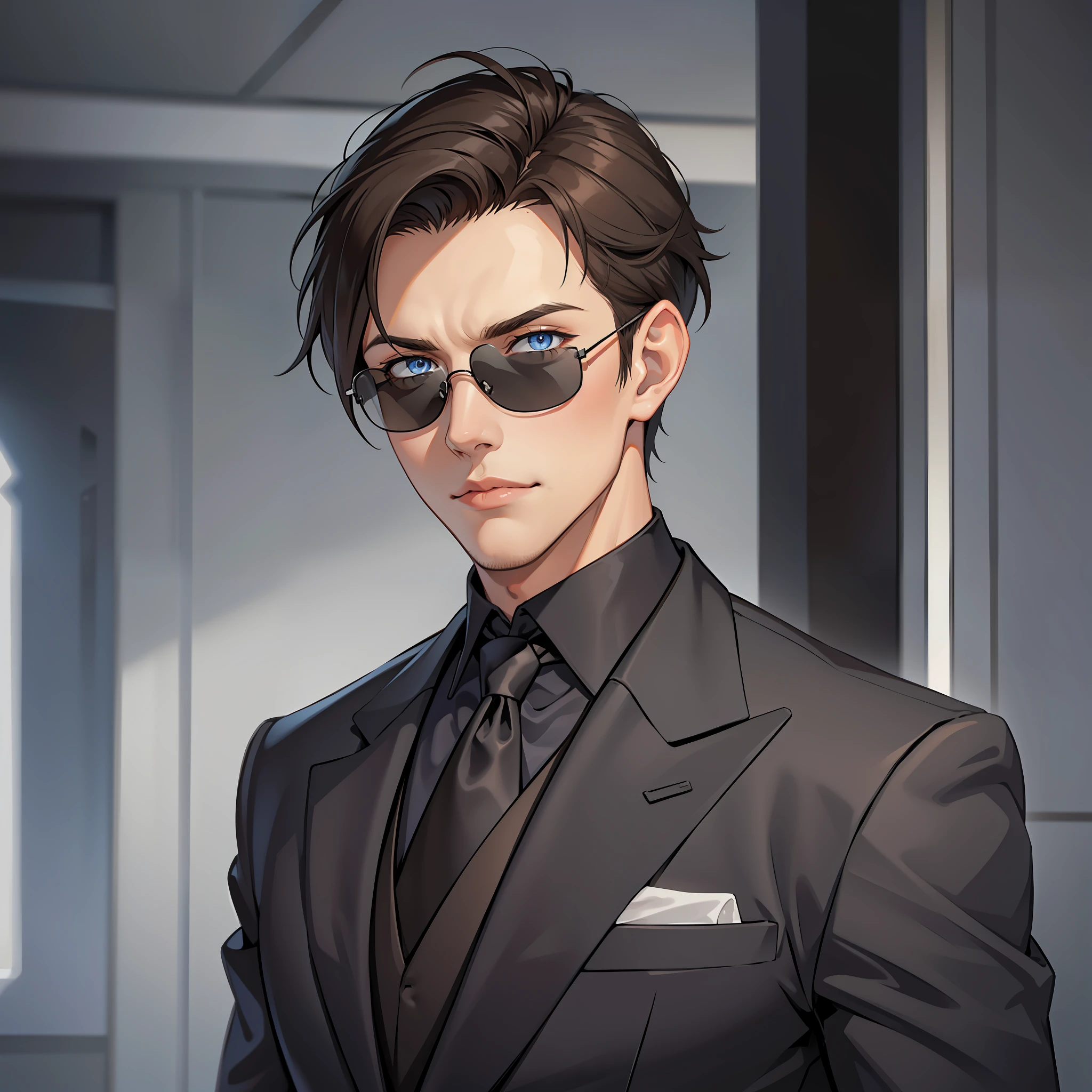 8k, empty space, portrait of a man, (elegant), (masterpiece, best quality: 1.2), portrait, modelshoot style, focus on face, looking at the viewer, peaceful, (serious expression), wearing an elegant black suit, bright brown hair, man, elegant black suit, brown hair with a fringe dropped to the side, empty background (white), looking at the viewer, modern black suit, german man, 27 years, blue eyes, black tie, sunglasses