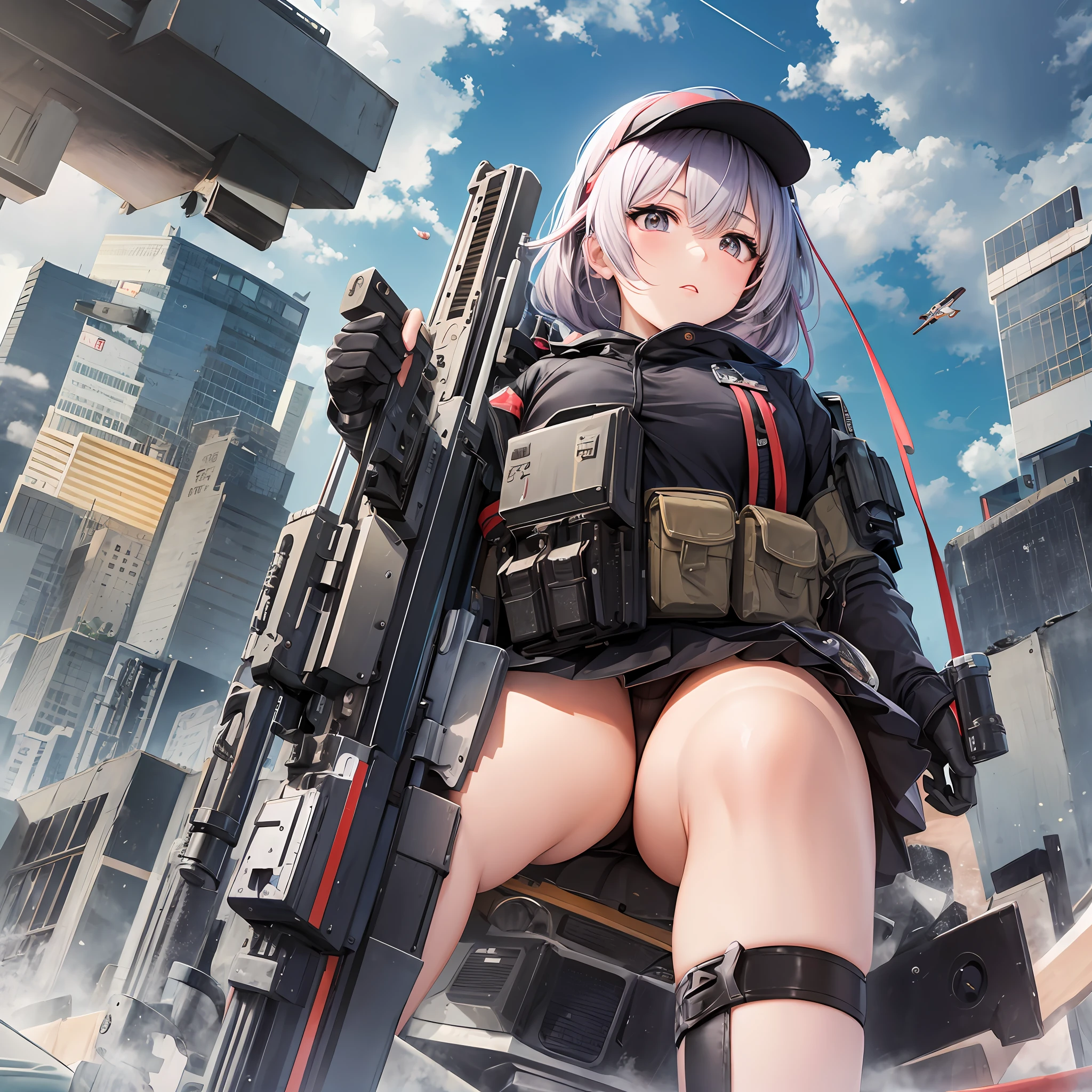 Japanese anime style. woman. she is an army soldier. she squats mini skirt. Equip the machine gun. Spread your legs. from below. --auto --s2