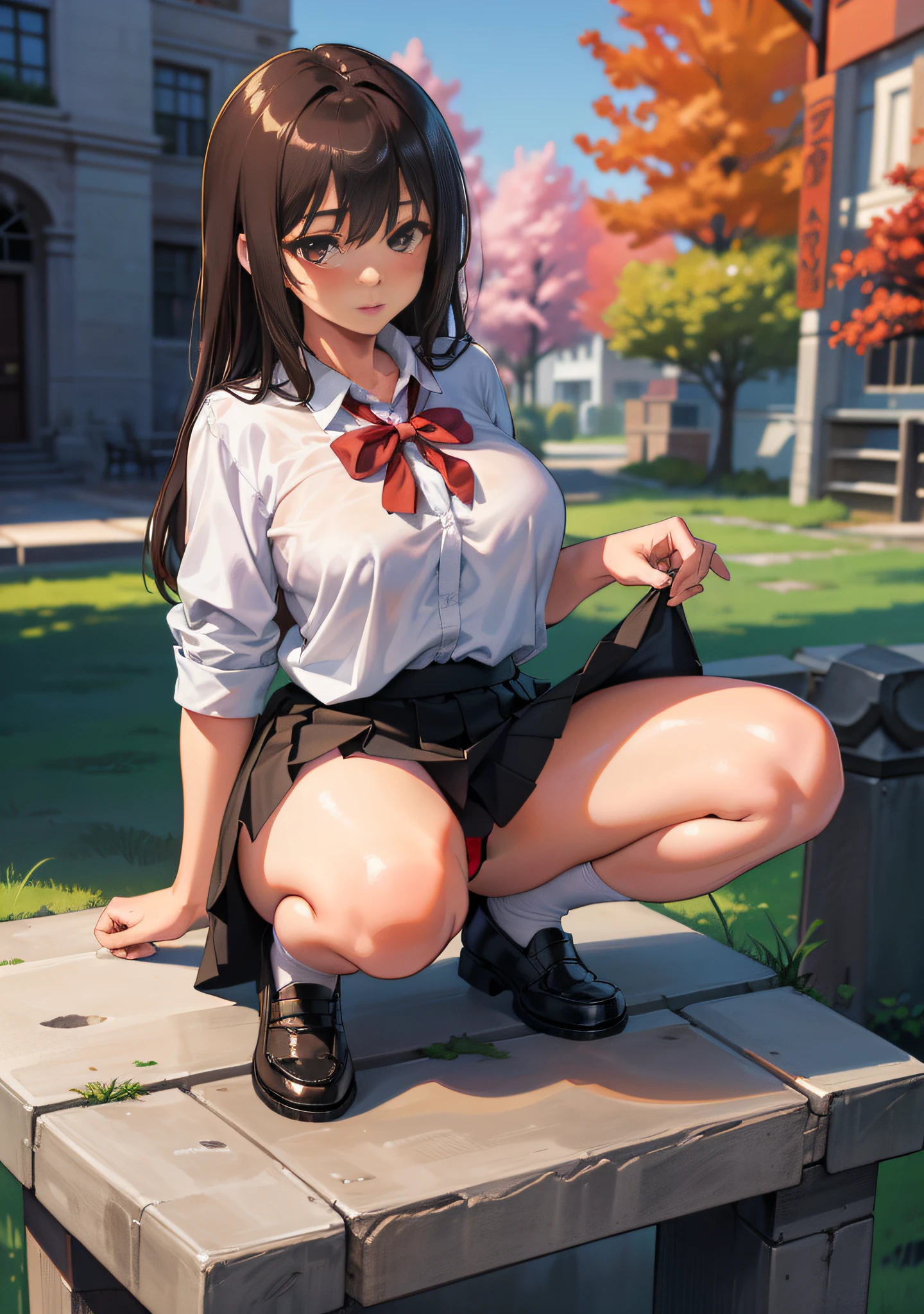 High Resolution, Top Quality, Masterpiece, Ultra High Quality, Ultra Detail, Ultra Realistic, 3D, Anime, Illustration, Fantasy, Solo, ((Beautiful Female Student Short Skirt)), Squatting and Touching Her Hair, (Looking at the camera), (Background Blur))), Brown leather shoes, Bare feet, (Cotton underwear), Large breasts, Front shooting,