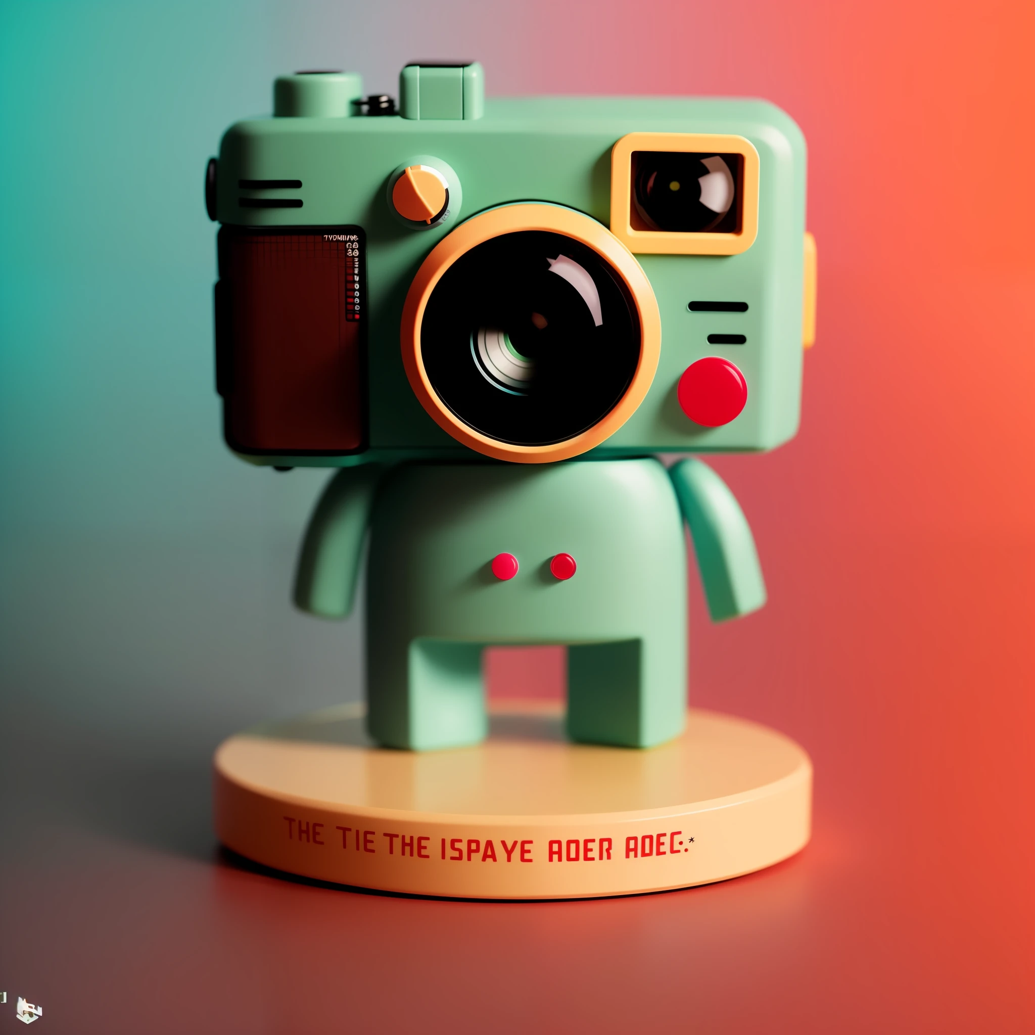 there is a toy camera that is sitting on a stand, toy photography, toy camera, retro photography, robot photography, cute pictoplasma, vinyl designer toy, toy photo, in retro colors, inspired by Chris LaBrooy, cute photograph, lomography, stop motion vinyl figure, cute 3 d render, cute! c4d, vintage camera, print!