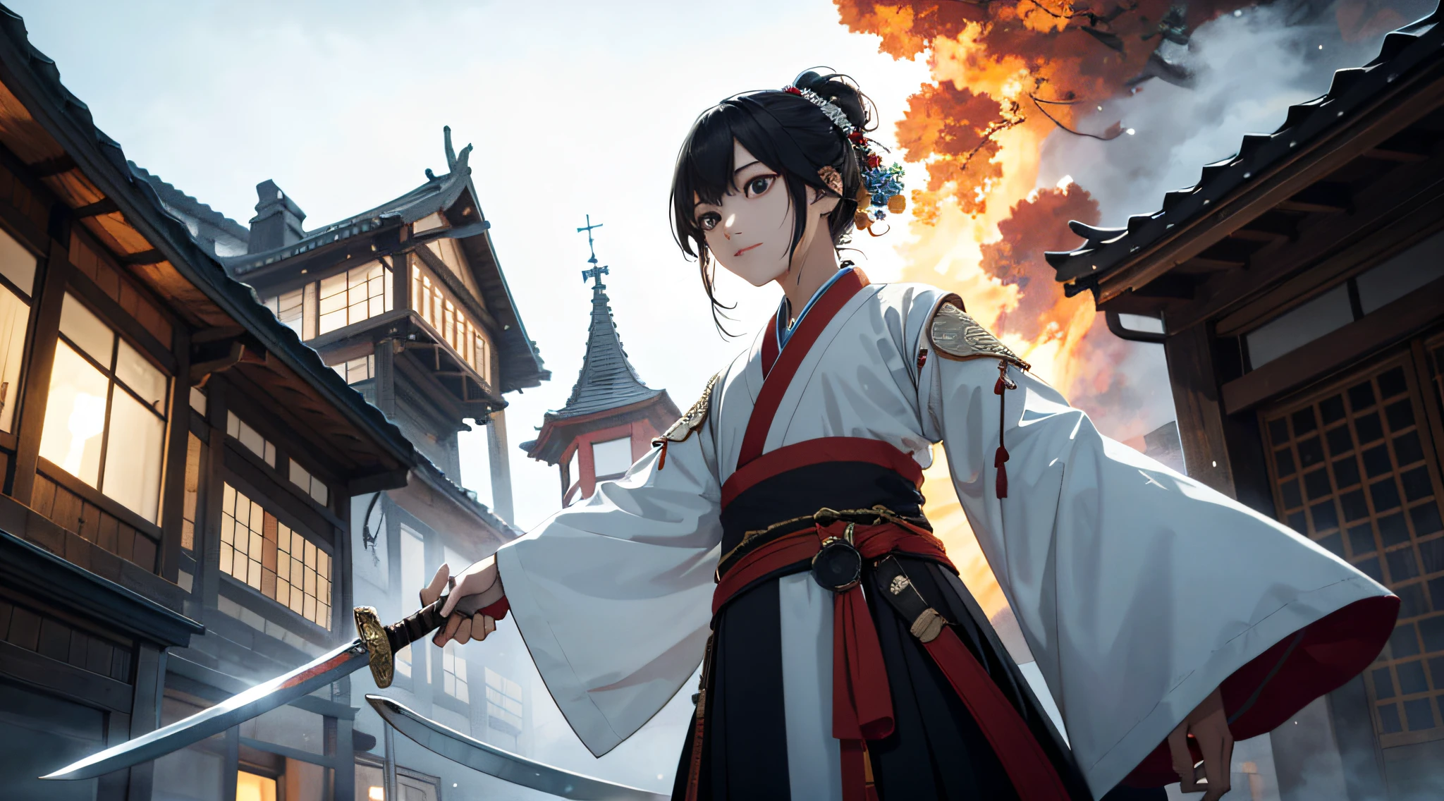 absurd, High Definition, Ultra Detailed, (Girls: 1.3), Hand-painted, Simple lines, An 18-year-old girl dressed in colorful Hanfu, Walk the streets, Masterpieces, Overcast days, Girl holding sword, The sword is dripping blood, The girl had an indifferent expression, Surrounding houses were on fire, anime, chiaroscuro, wide shot, best quality, highres, high details, high quality