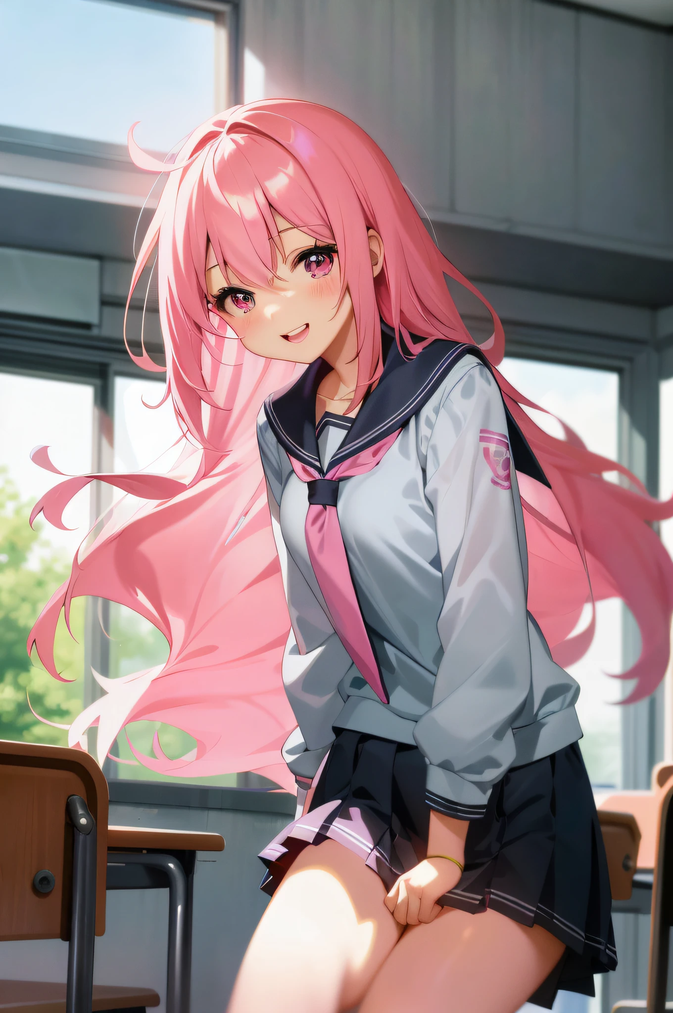 anime girl with pink hair sitting on a chair in a classroom, beautiful anime high school girl, anime visual of a cute girl, anime girl with long hair, anime moe artstyle, with pink hair, pink twintail hair and cyan eyes, young anime girl, anime best girl, smooth anime cg art, best anime 4k konachan wallpaper