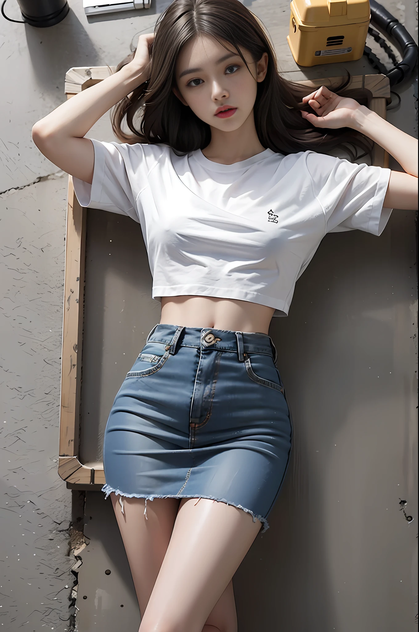 Girl in white shirt and tight denim skirt posing for photo, full body, legs spread, cut t-shirt, bra, slim body, small bust, slim girl model, 24 year old female model, lying on construction site, group of black men watching
