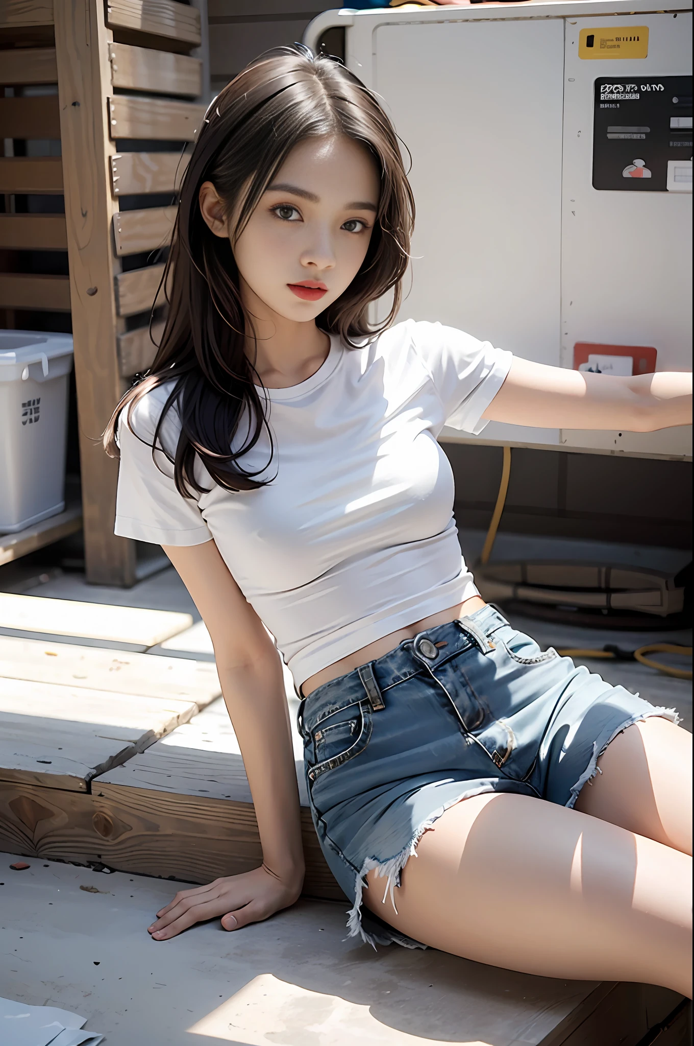 Girl in white shirt and tight denim skirt posing for photo, full body, legs spread, cut t-shirt, bra, slim body, small bust, slim girl model, 24 year old female model, lying on construction site, group of black men watching