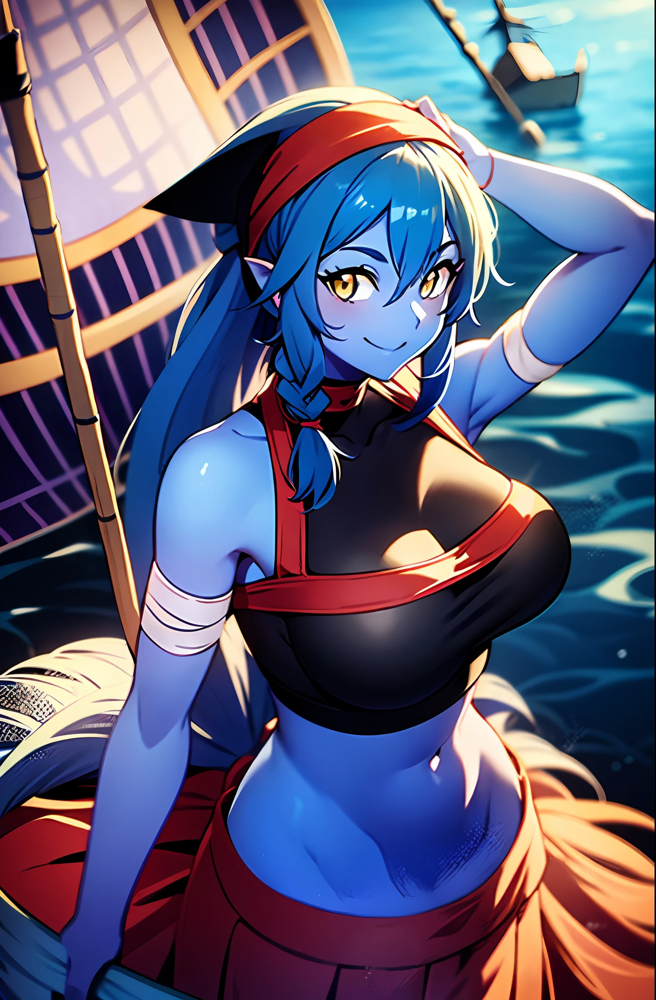 Anime mermaid girl, blue skin, blue mermaid tail, blue hair, yellow eyes, big chest, chest bandaged, black and red bandana, long blue braid of hair, black belt bag, holding a broom, smiling, cute, contented pose, against the background of a medieval ship,, beautiful colors, saturated colors, beautiful shader, 4k, 3d